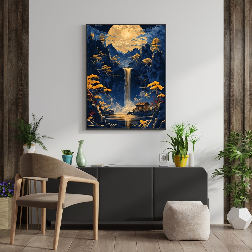 Triverta Golden Falls Sanctuary Premium Gift Painting Wall Art for Home Decor | 18x24 Inch Modern Art Digital Poster Print
