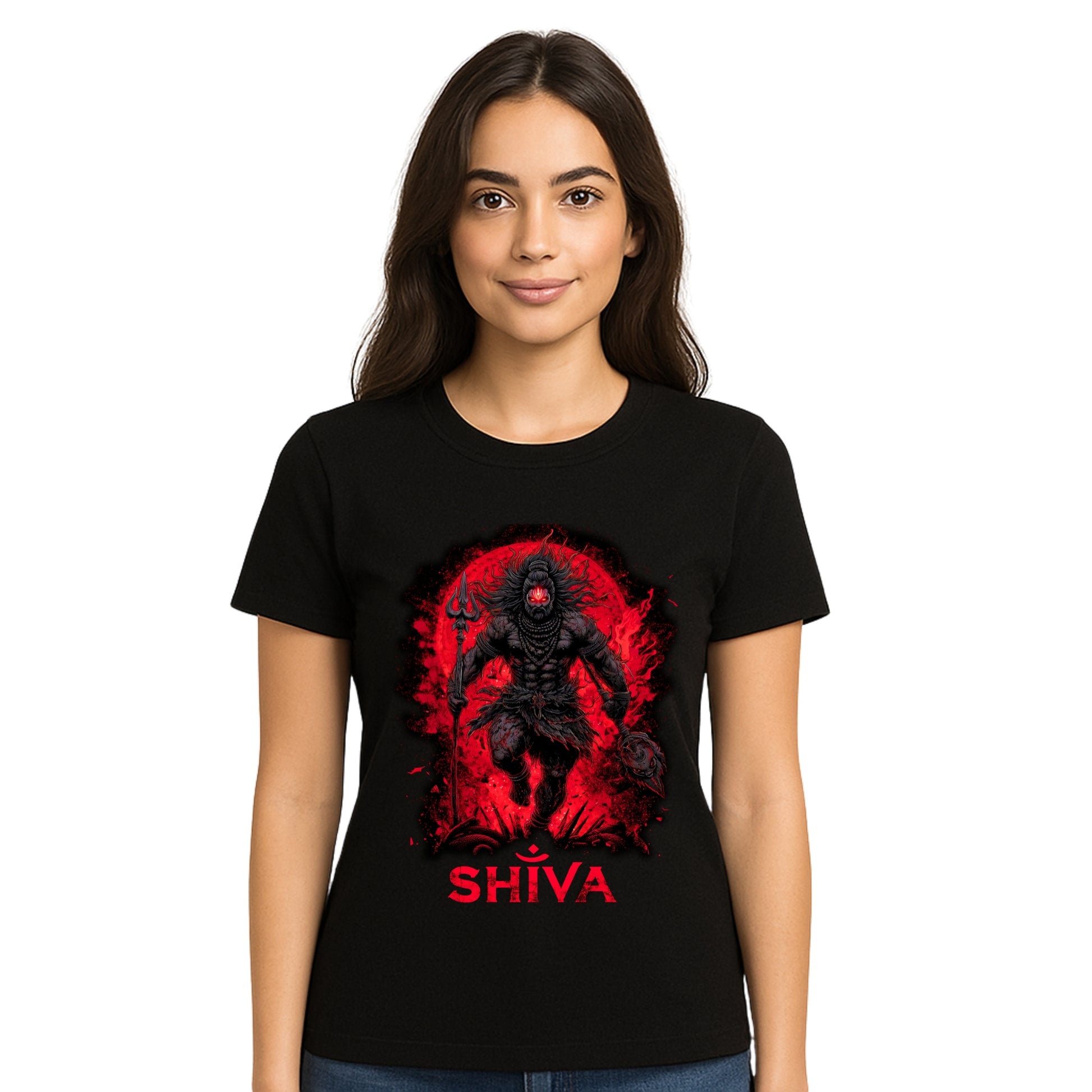 Female model wearing T-shirt