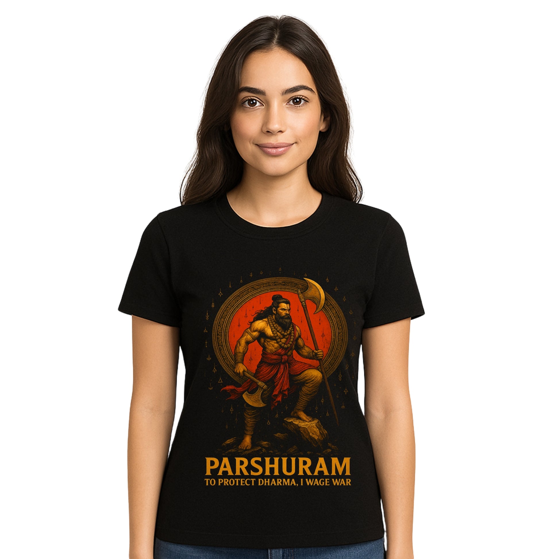 Female model wearing T-shirt