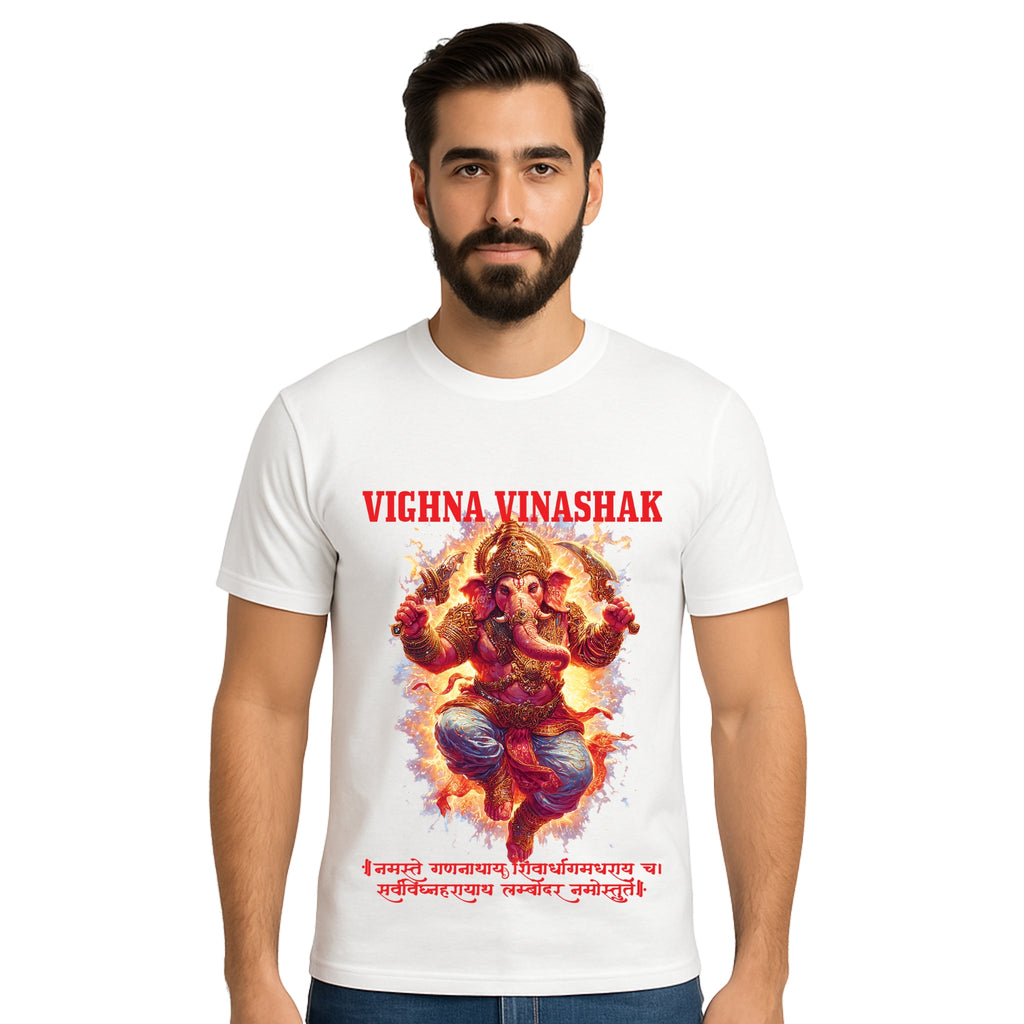 Triverta Ganesha Fire Form with Shloka T-shirt | 100% Cotton Regular Fit Graphic T-shirt | Printed Cotton Tee for Men and Women