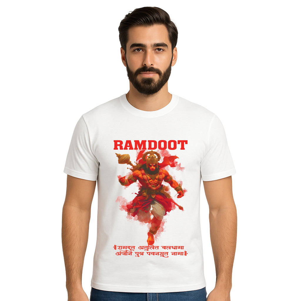 Triverta Ramdoot Hanuman Warrior Flight T-shirt| 100% Cotton Regular Fit Graphic T-shirt | Printed Cotton Tee for Men and Women