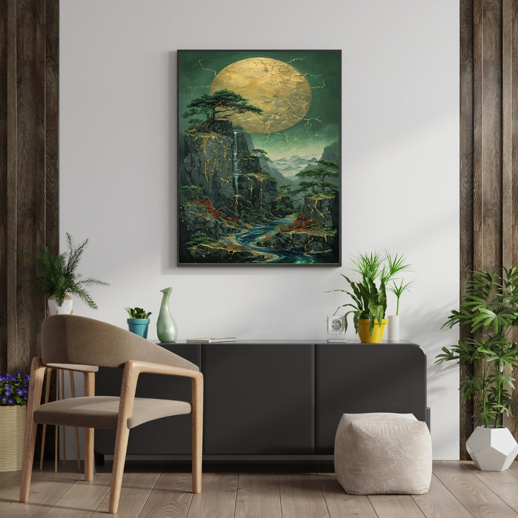 Triverta Golden Moon Ascent Premium Gift Painting Wall Art for Home Decor | 18x24 Inch Modern Art Digital Poster Print