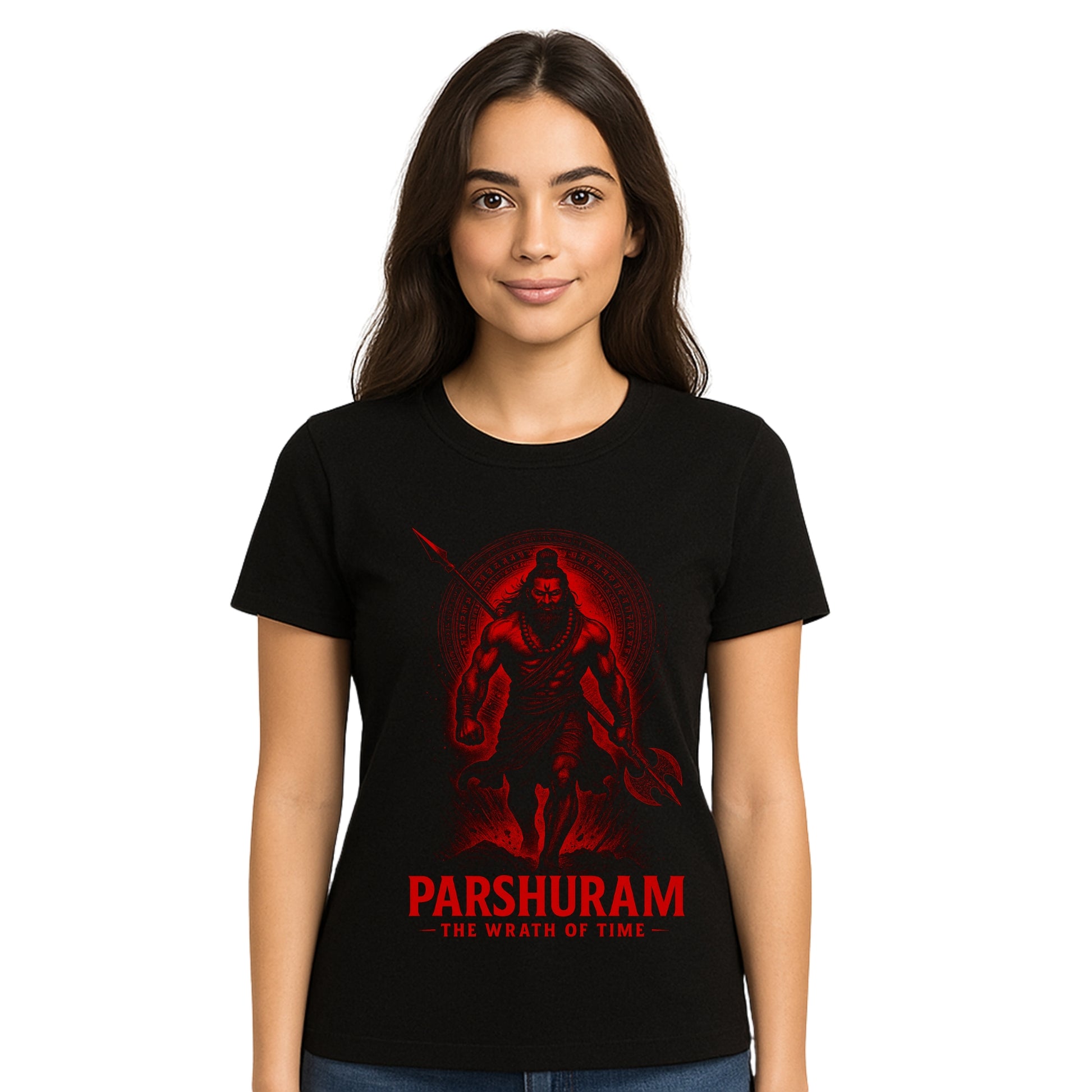 Female model wearing T-shirt