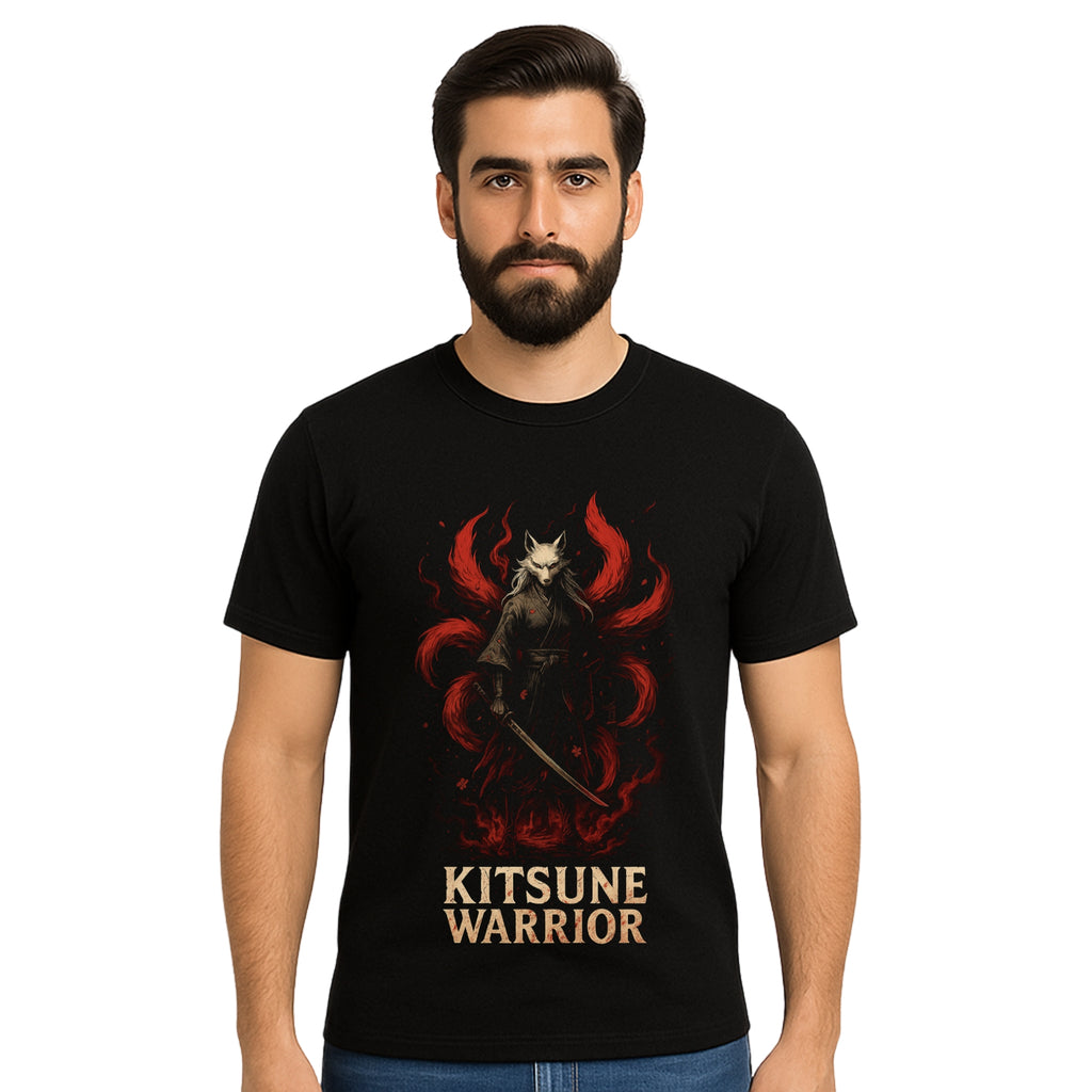 Triverta Kitsune Warrior Japanese Fox Graphic T-shirt | Graphic T-shirt | 100% Cotton T-Shirt | Printed Biowash Cotton Tee for Men and Women