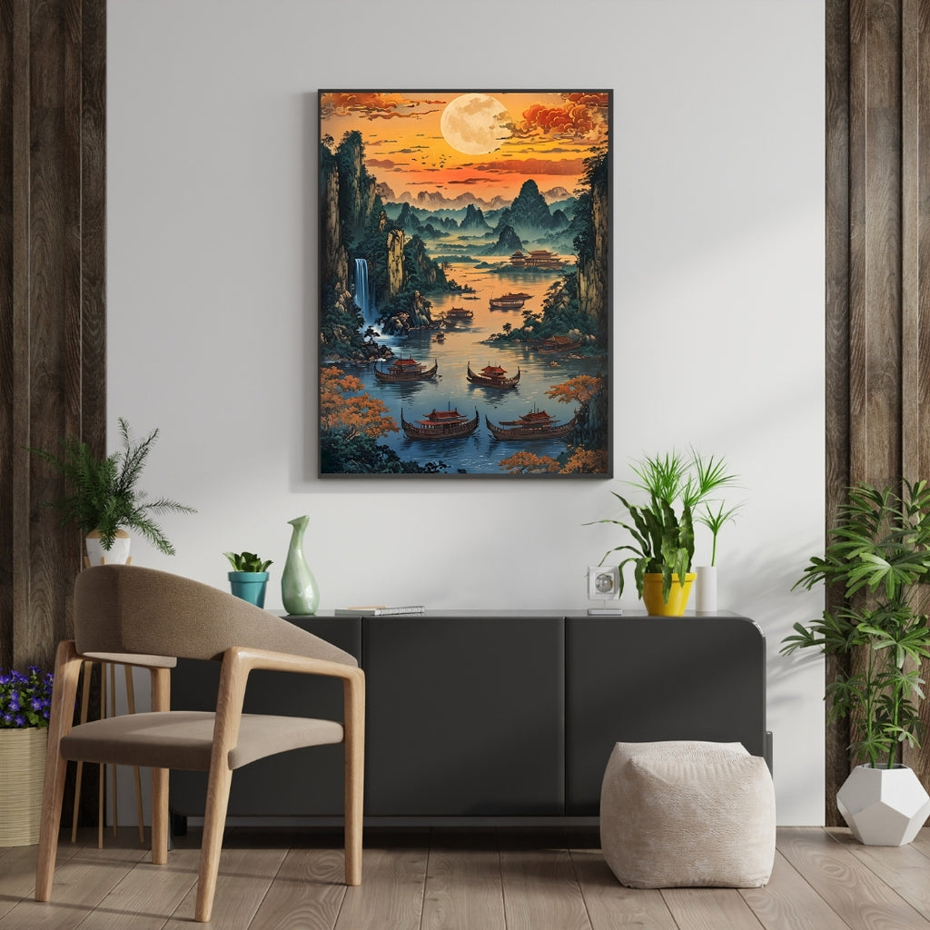 Triverta Golden Moon Valley Premium Gift Painting Wall Art for Home Decor | 18x24 Inch Modern Art Digital Poster Print