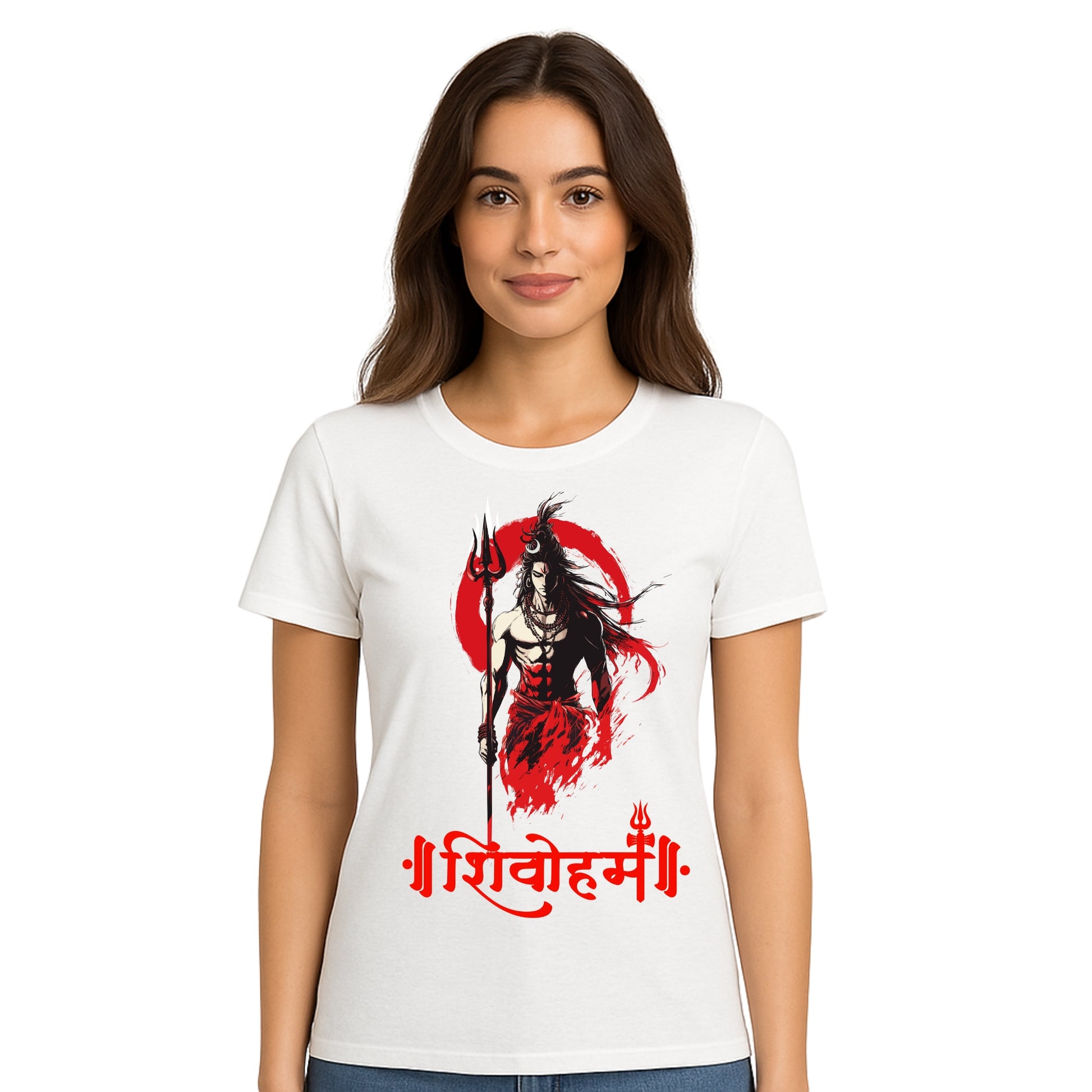 Female model wearing T-shirt