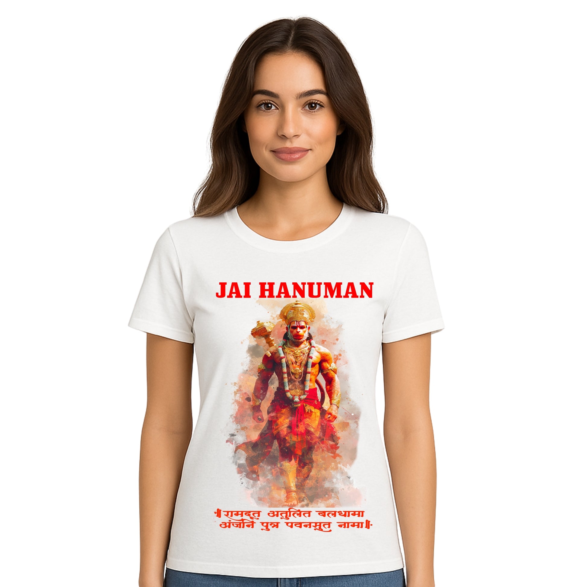 Female model wearing T-shirt