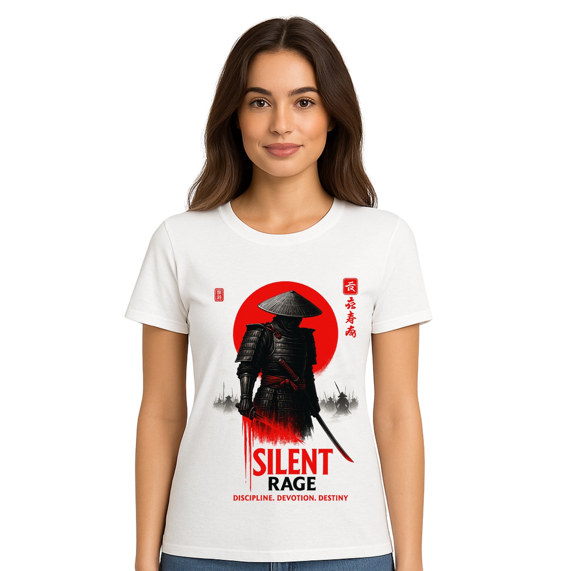 Female model wearing T-shirt