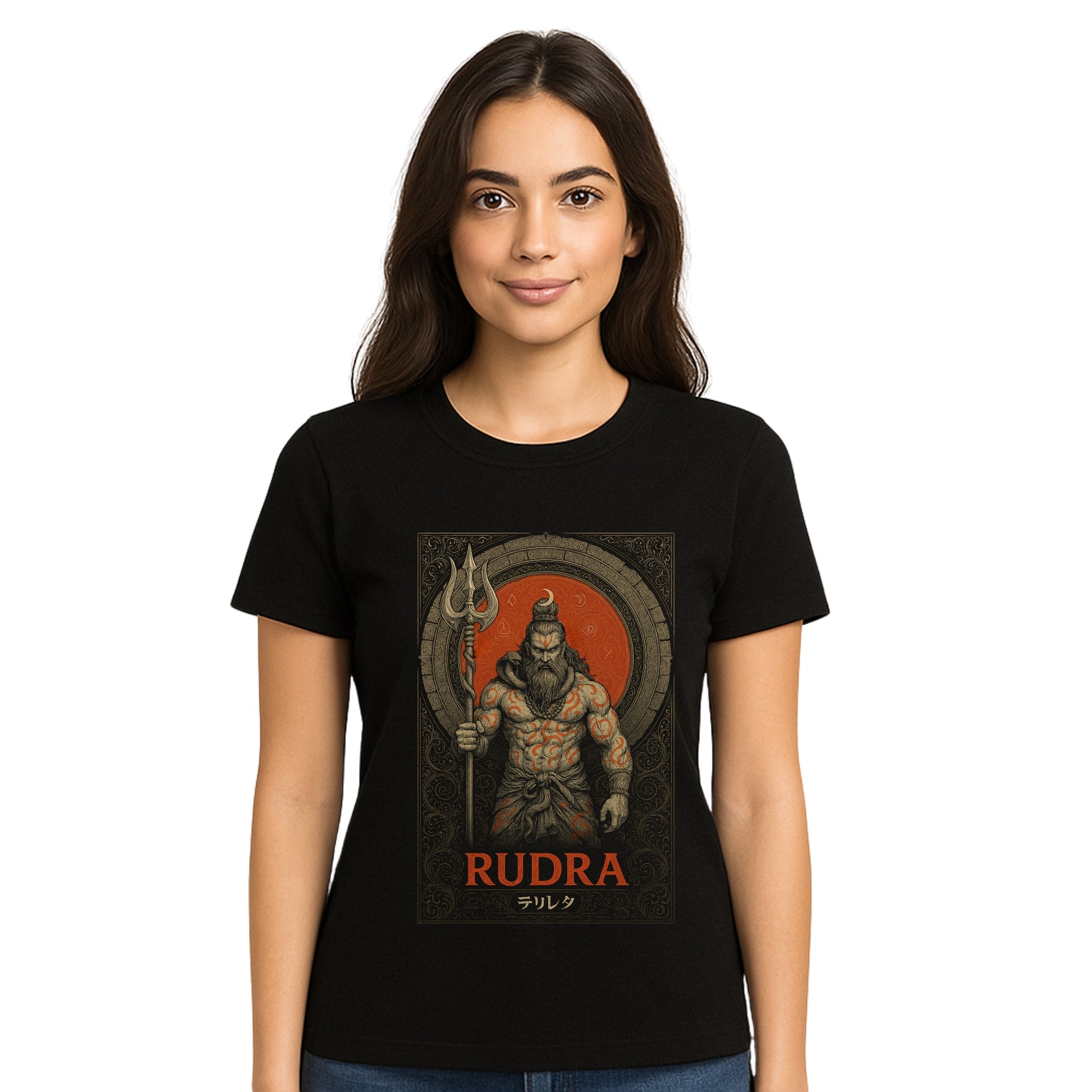 Female model wearing T-shirt