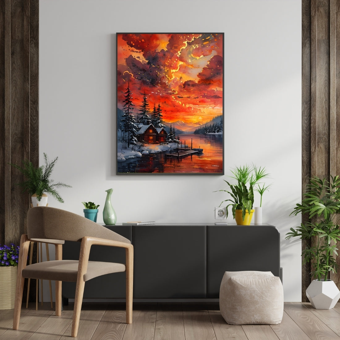 Triverta Winter Lake Ember Premium Gift Painting Wall Art for Home Decor | 18x24 Inch Modern Art Digital Poster Print