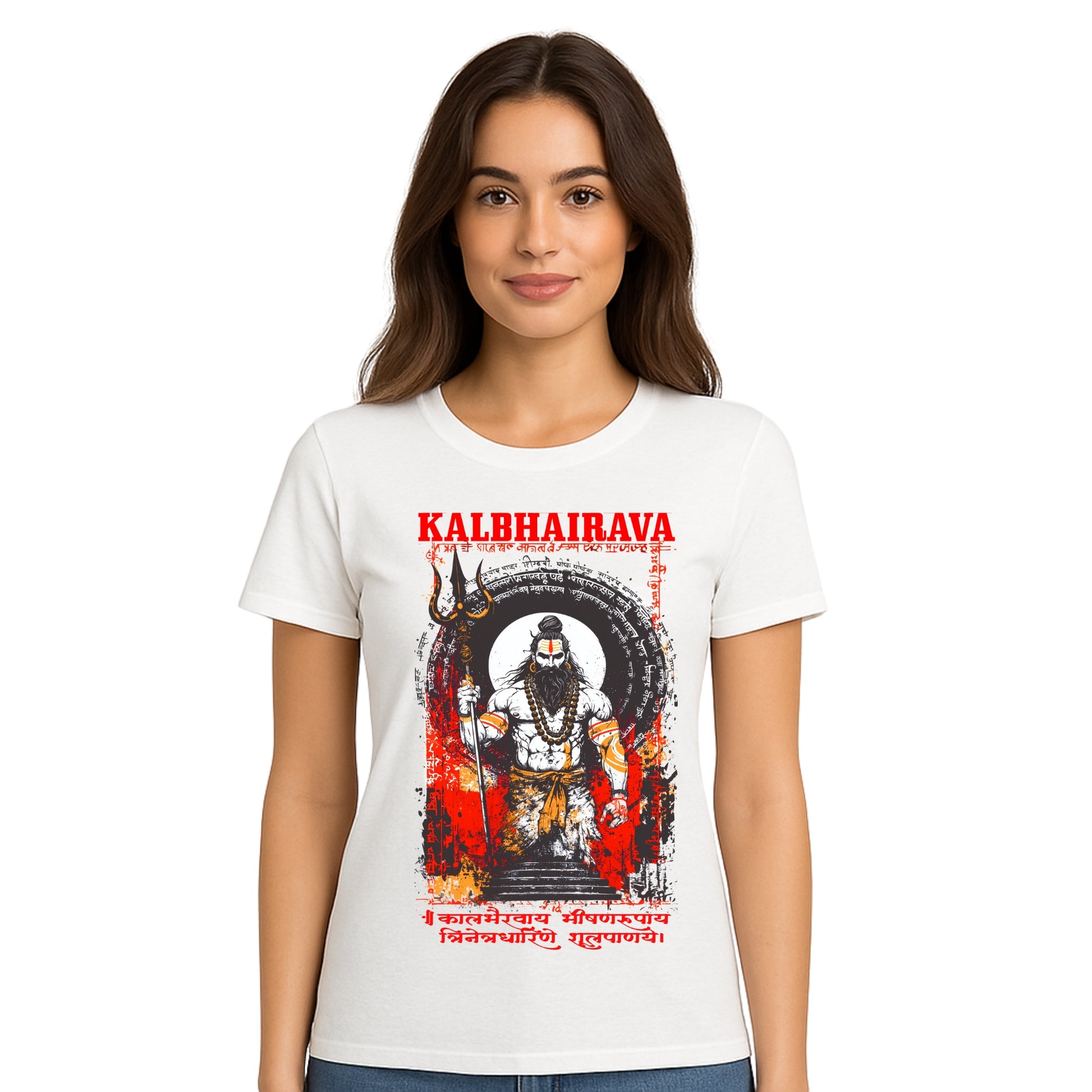 Female model wearing T-shirt