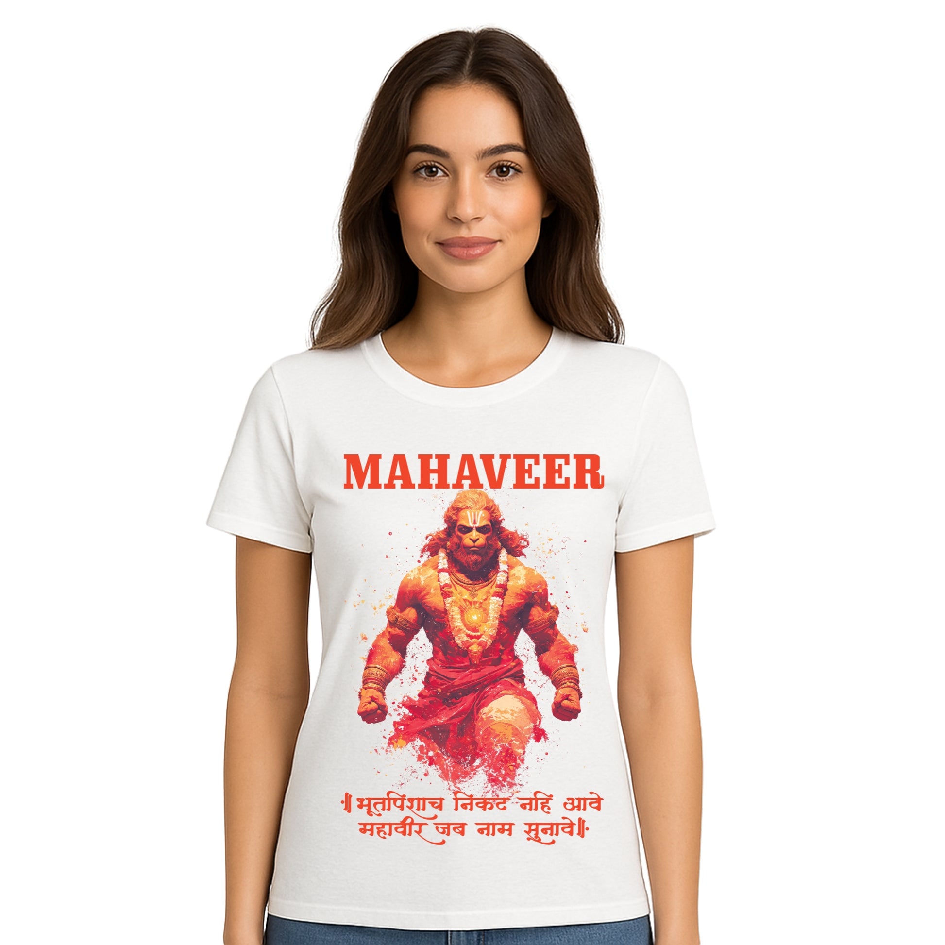 Female model wearing T-shirt