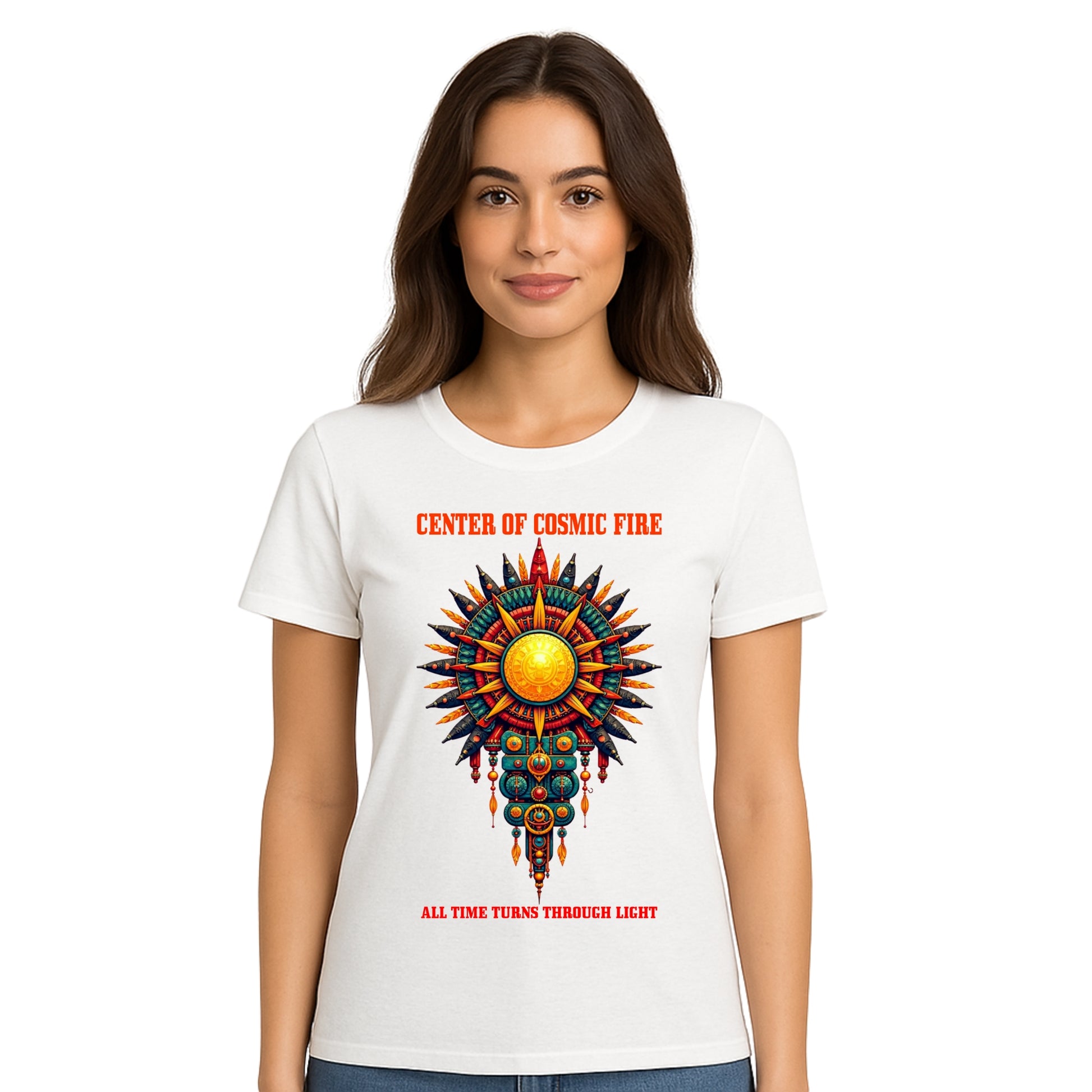 Female model wearing T-shirt