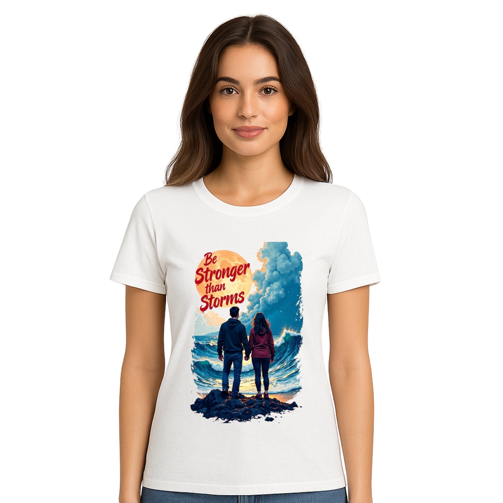 Female model wearing T-shirt
