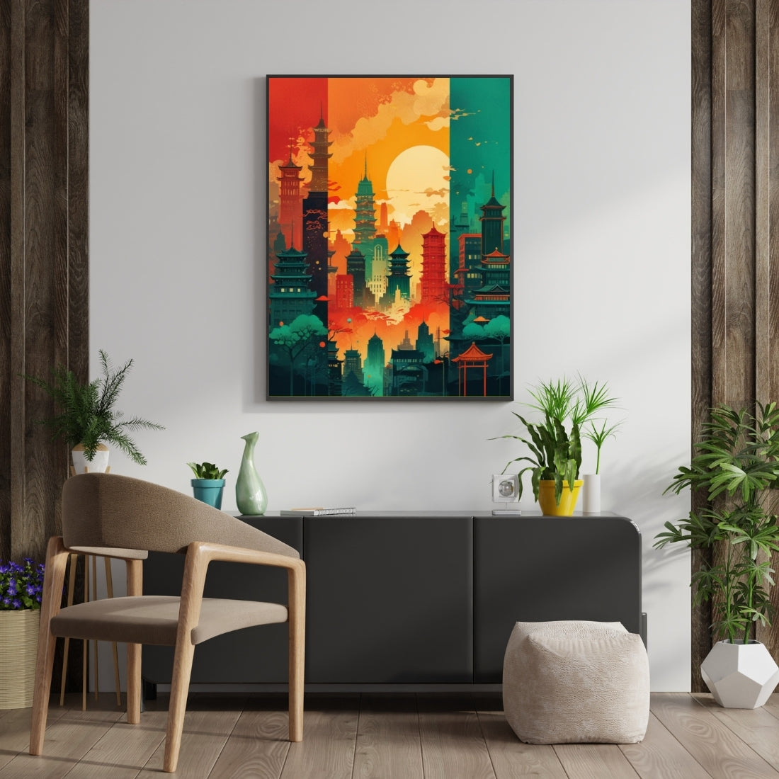 Triverta Crimson Pagoda Sunset Premium Gift Painting Wall Art for Home Decor | 18x24 Inch Modern Art Digital Poster Print