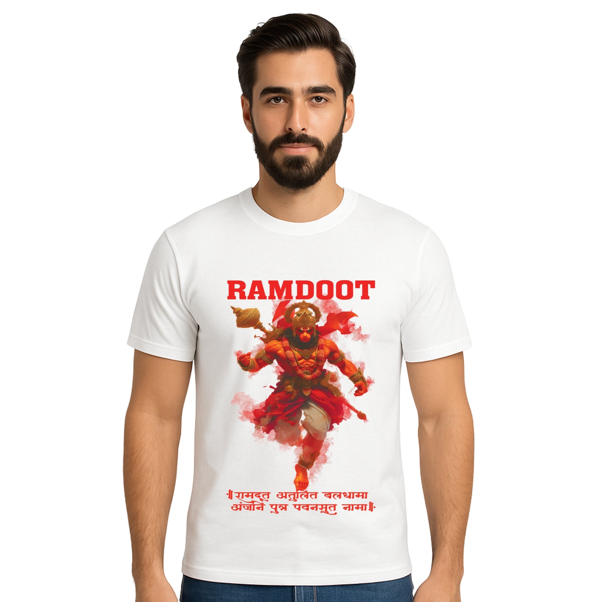 Triverta Ramdoot Hanuman Warrior Flight T-shirt| 100% Cotton Regular Fit Graphic T-shirt | Printed Cotton Tee for Men and Women