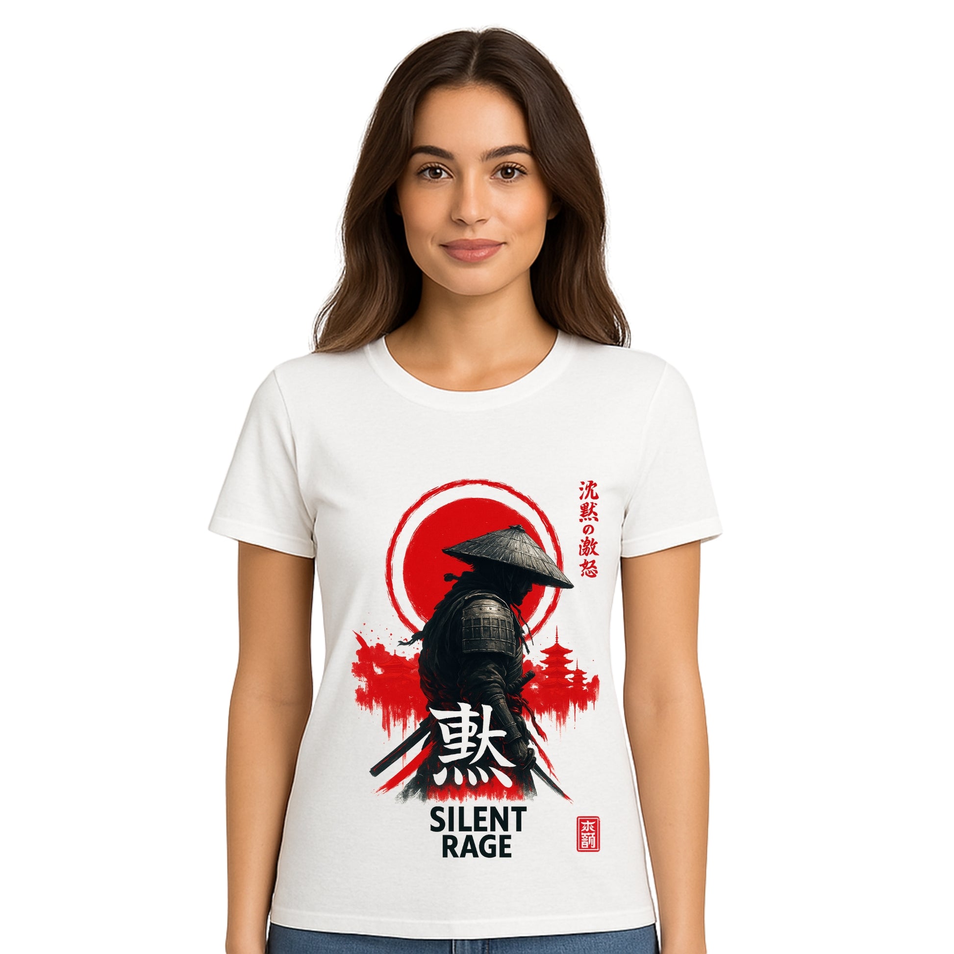 Female model wearing T-shirt