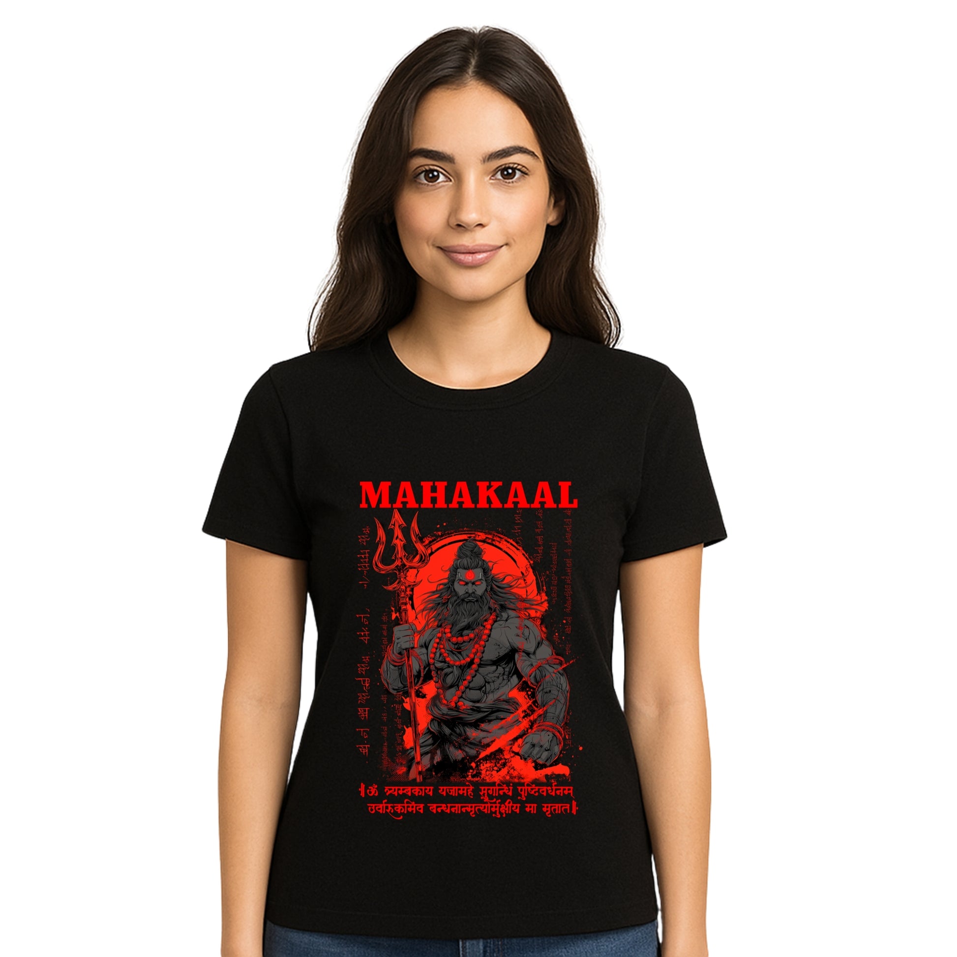 Female model wearing T-shirt
