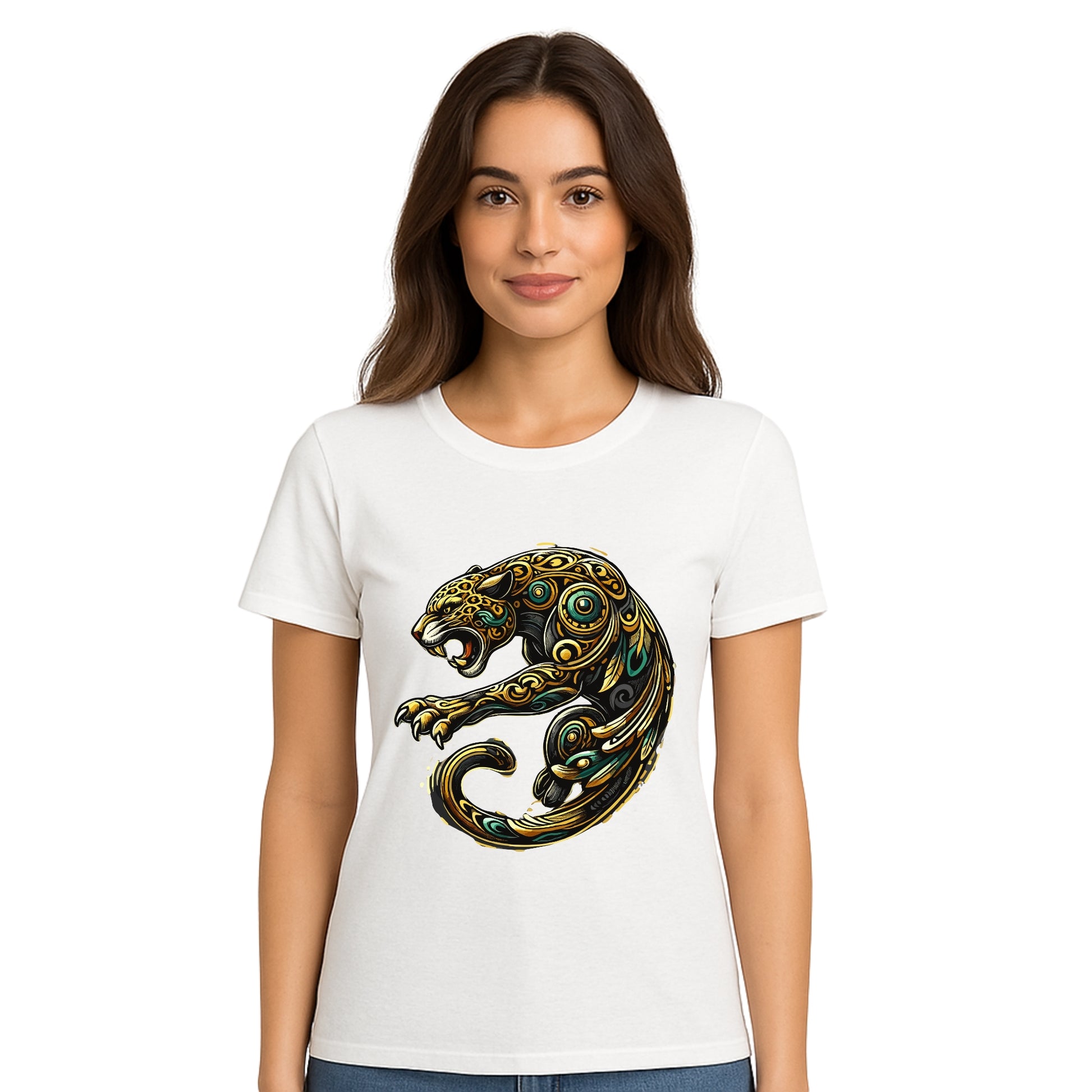 Female model wearing T-shirt