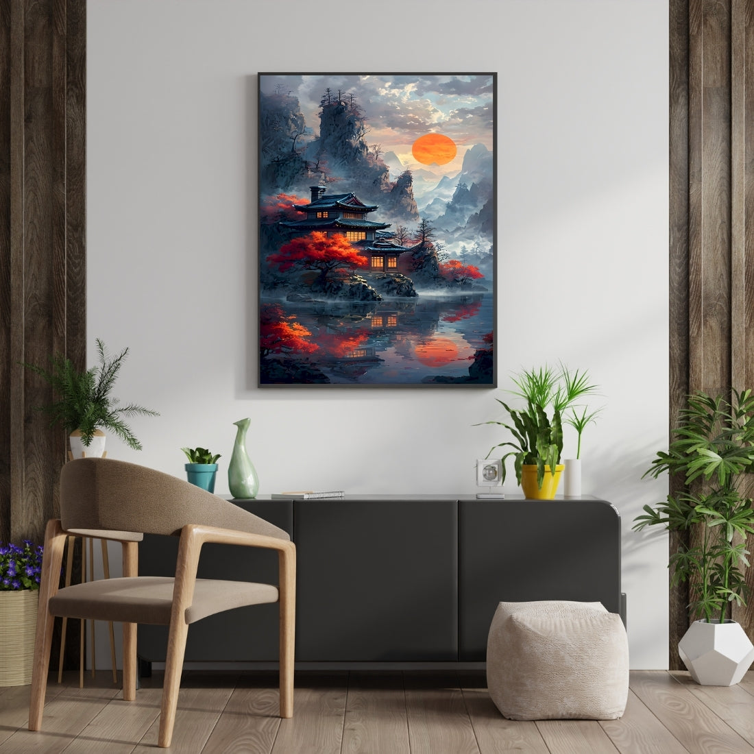 Triverta Autumn Temple Tranquility Premium Gift Painting Wall Art for Home Decor | 18x24 Inch Modern Art Digital Poster Print
