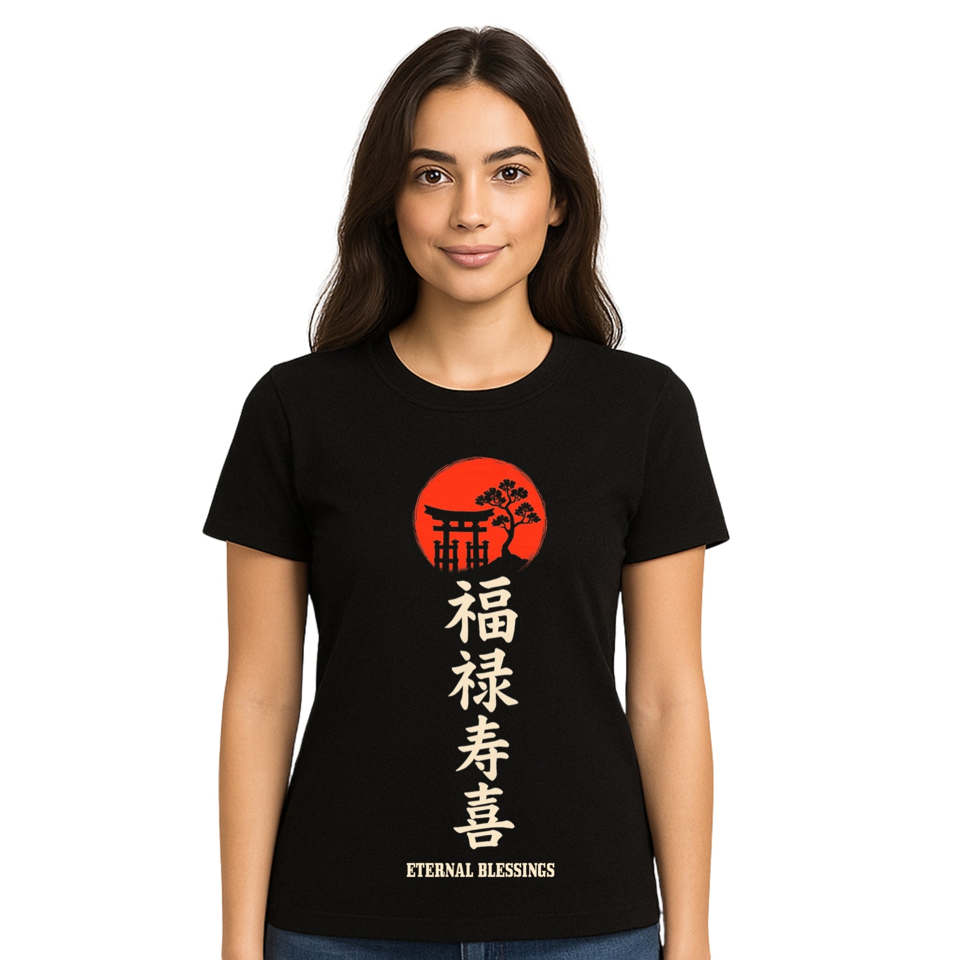Female model wearing T-shirt