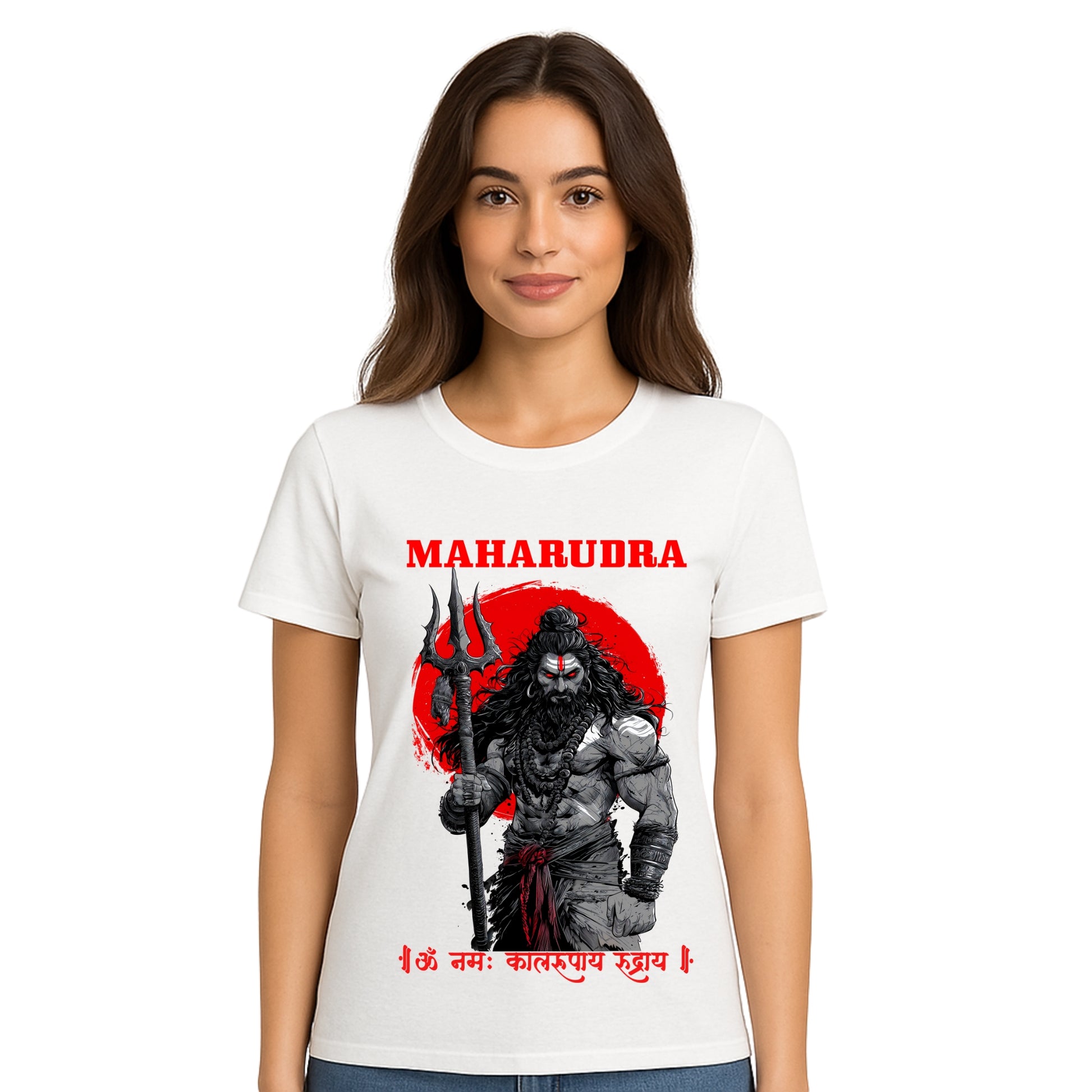 Female model wearing T-shirt