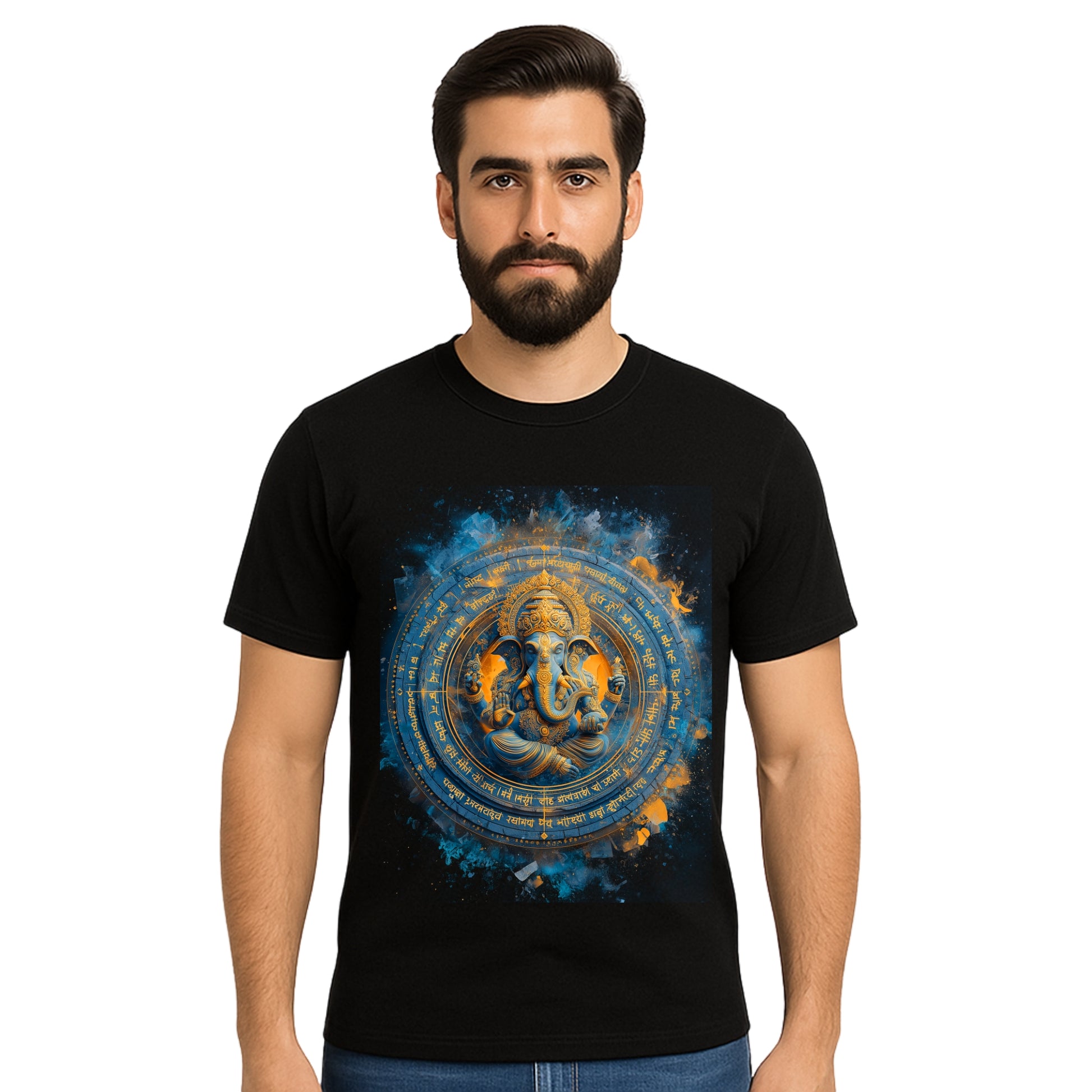 Triverta Antique Golden Ganesha Aura T-shirt | 100% Cotton Regular Fit Graphic T-shirt | Printed Cotton Tee for Men and Women