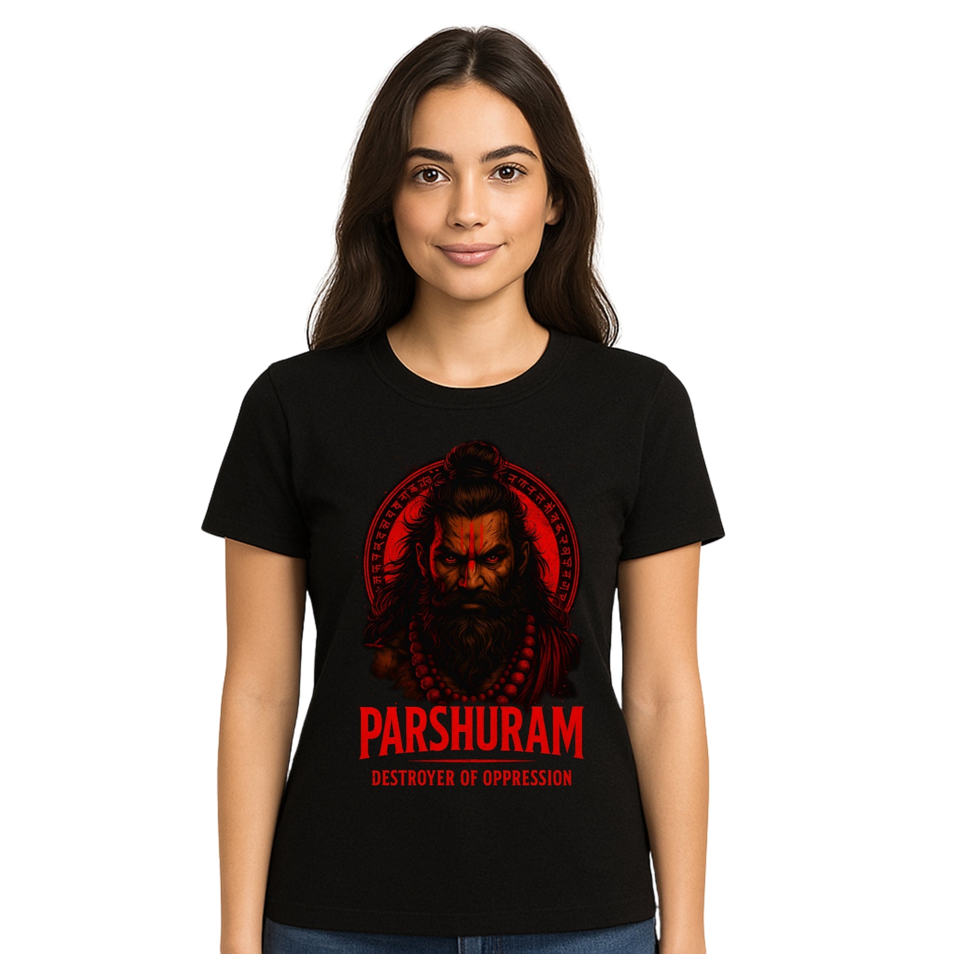 Female model wearing T-shirt