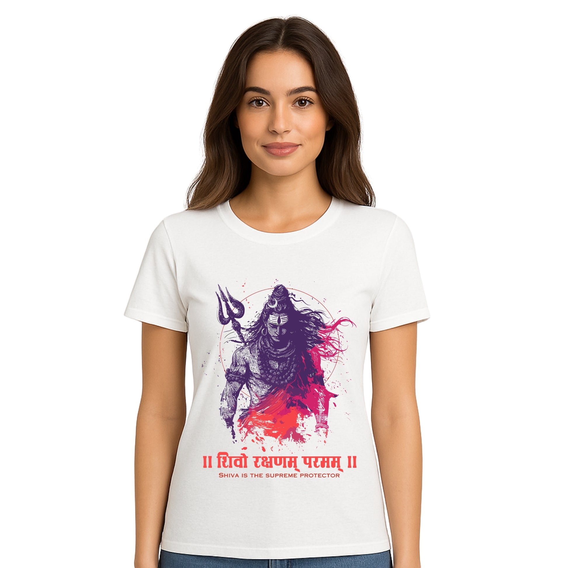 Female model wearing T-shirt