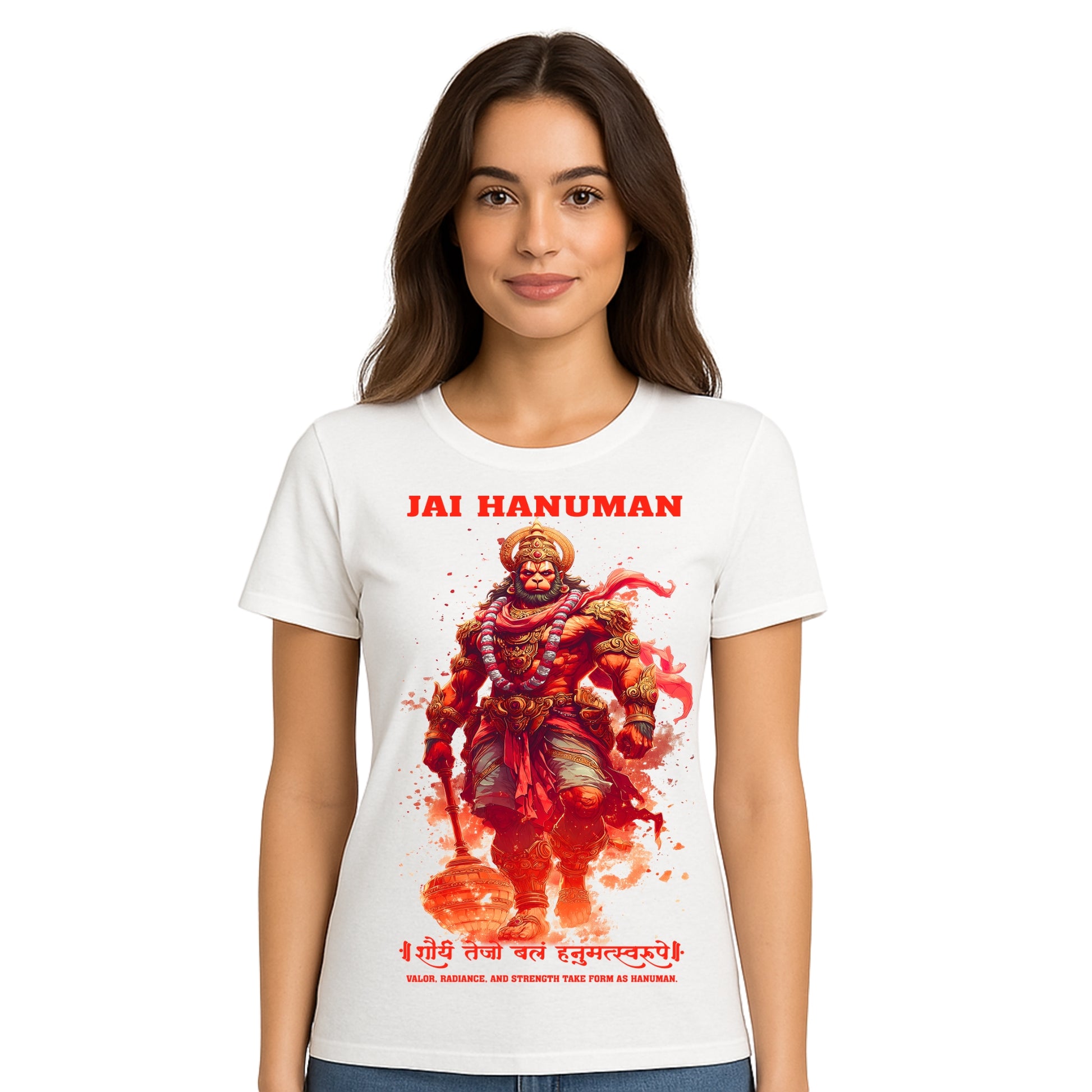 Female model wearing T-shirt