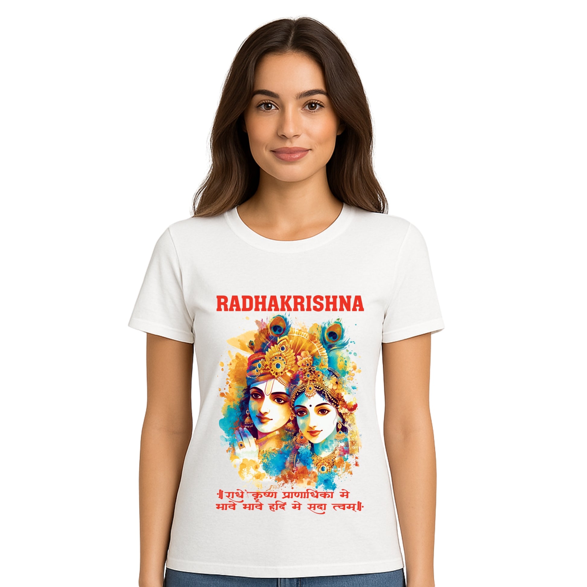 Female model wearing T-shirt