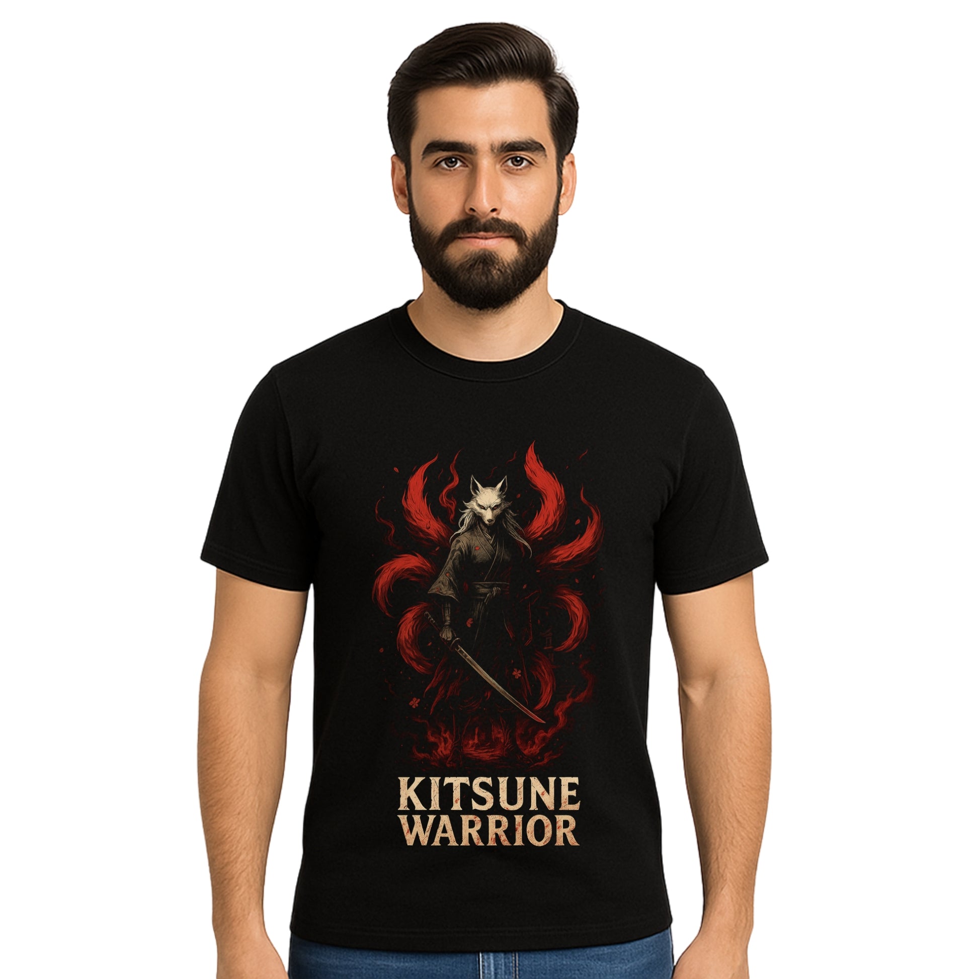 Triverta Kitsune Warrior Japanese Fox Graphic T-shirt | Graphic T-shirt | 100% Cotton T-Shirt | Printed Biowash Cotton Tee for Men and Women