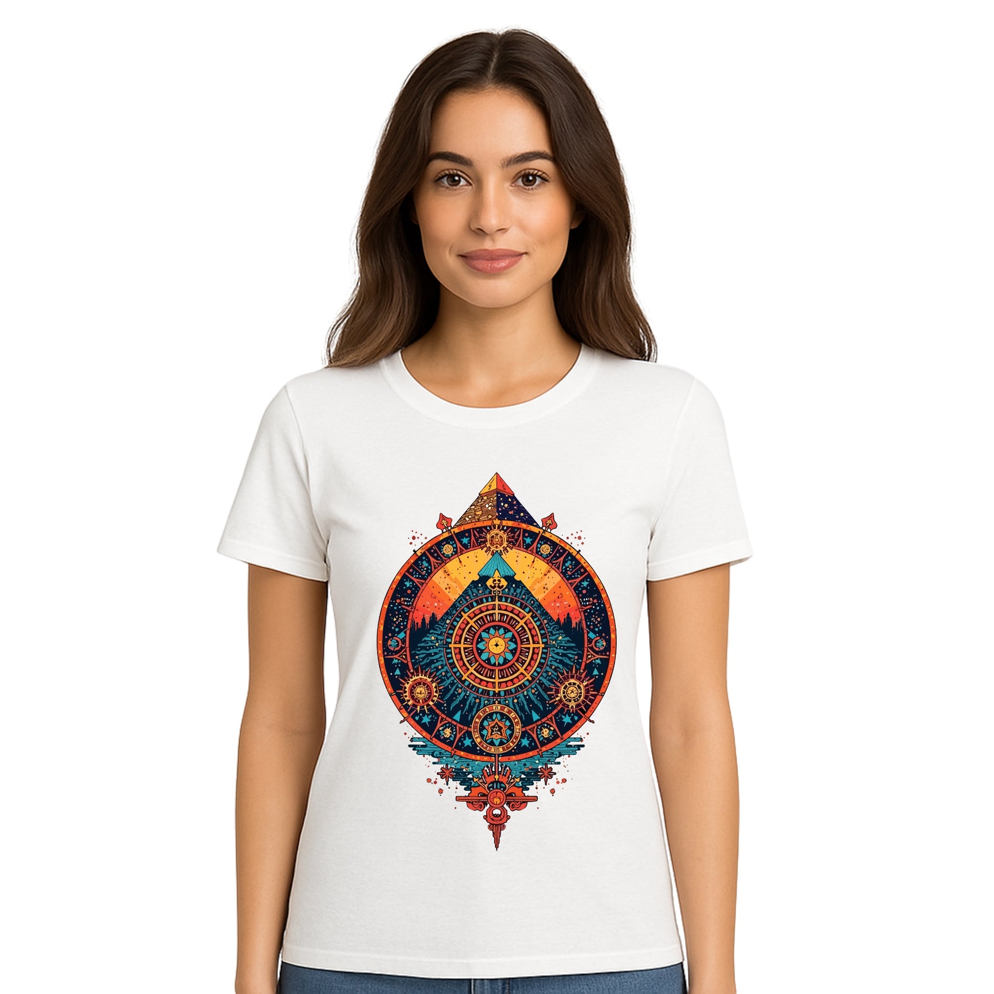 Female model wearing T-shirt