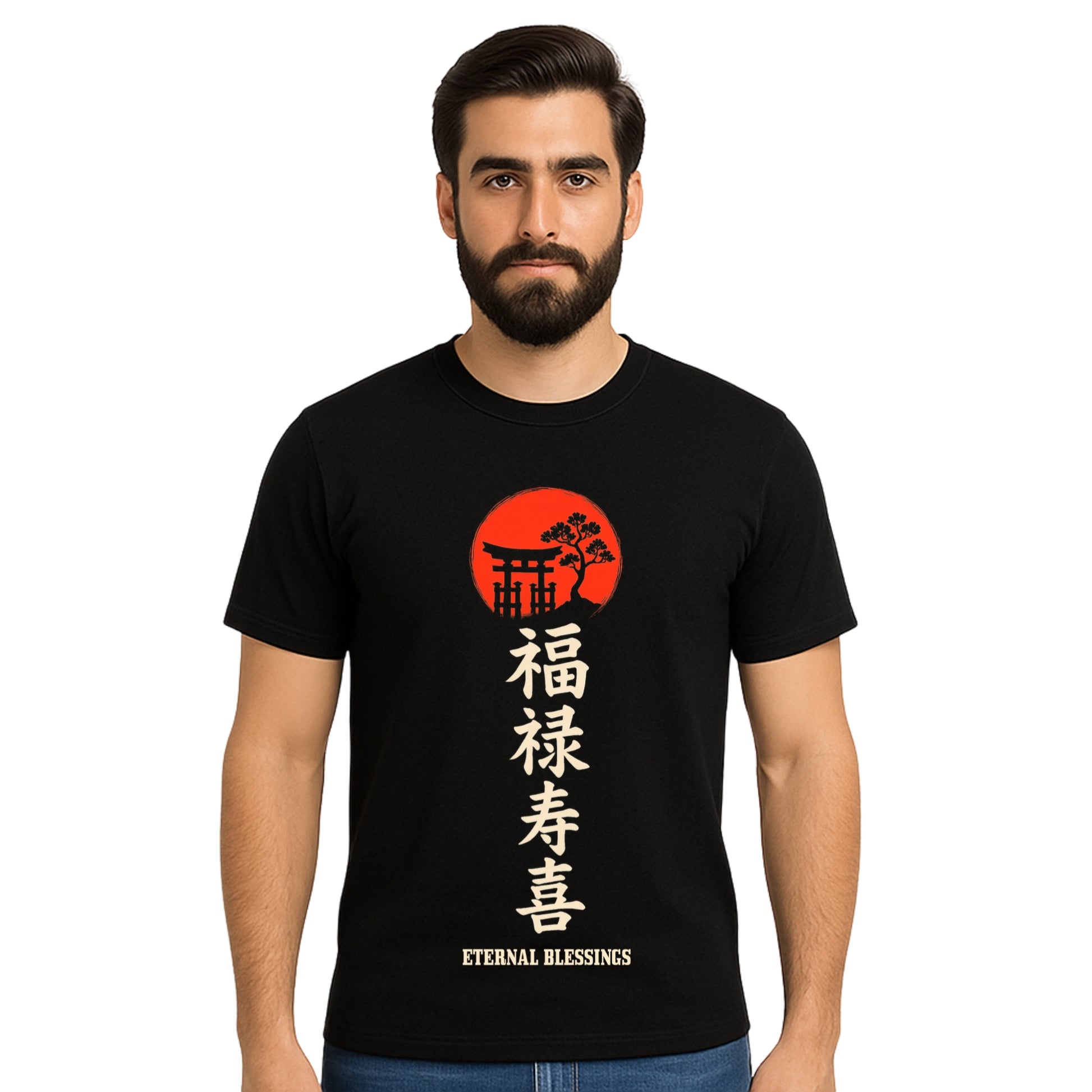 Triverta Eternal Blessings Japanese Kanji Graphic T-shirt | Graphic T-shirt | 100% Cotton T-Shirt | Printed Biowash Cotton Tee for Men and Women