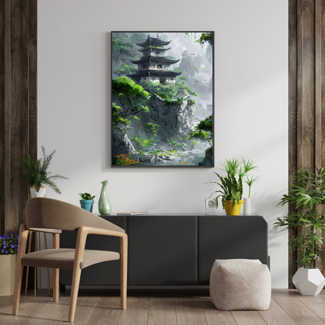 Triverta Misty Zen Pavilion Premium Gift Painting Wall Art for Home Decor | 18x24 Inch Modern Art Digital Poster Print
