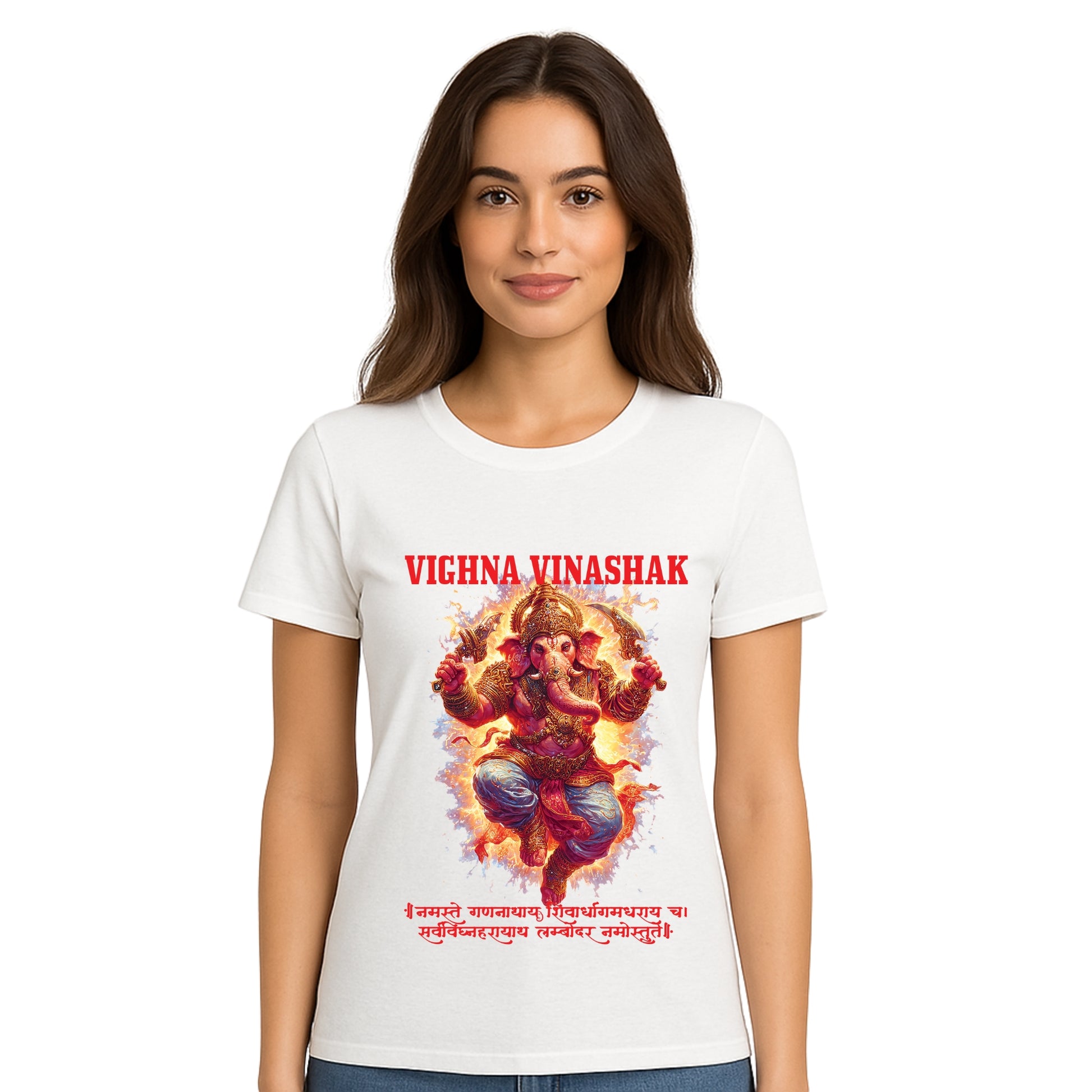 Female model wearing T-shirt