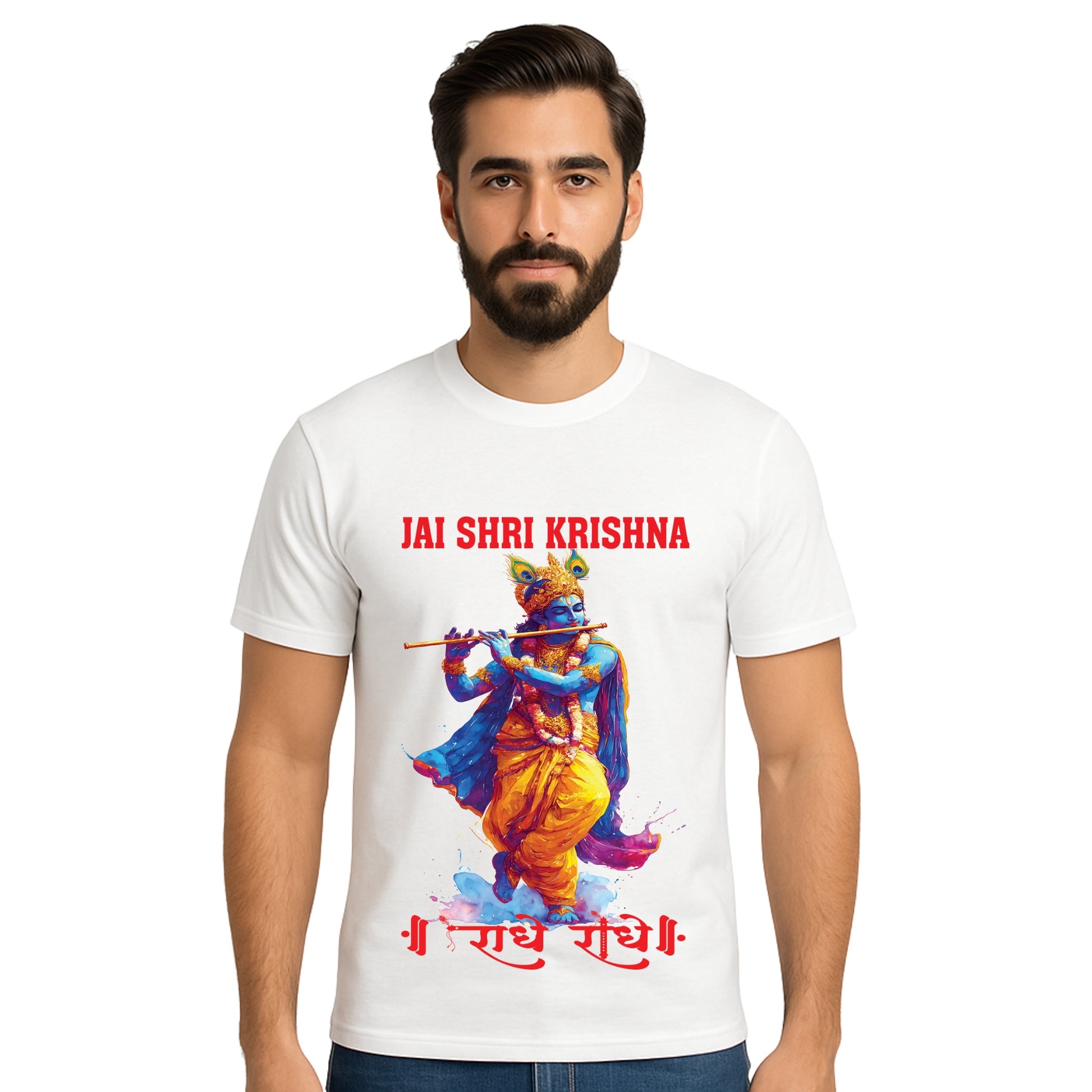 Triverta Radhe Krishna Bhakti Flute T-shirt | 100% Cotton Regular Fit Graphic T-shirt | Printed Cotton Tee for Men and Women
