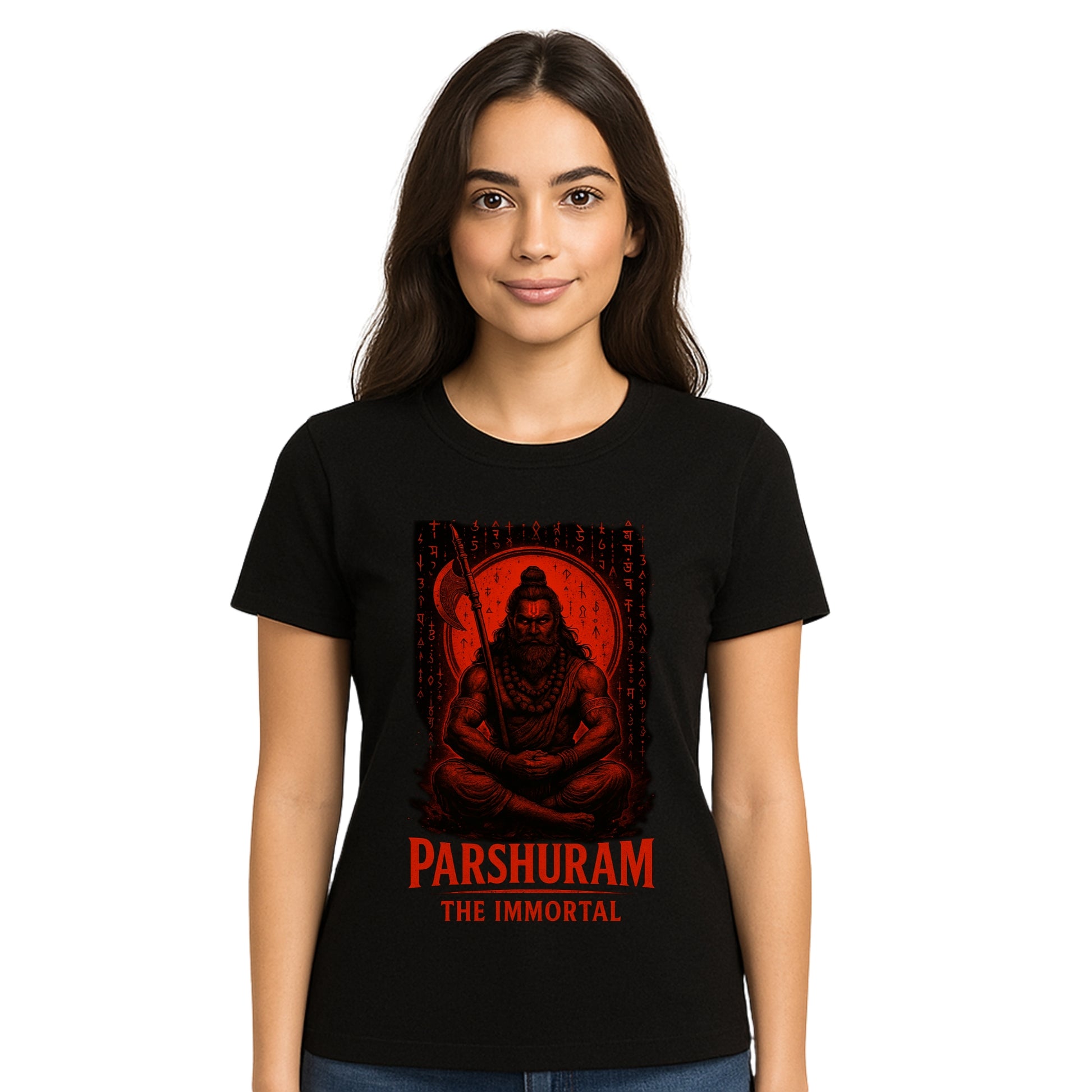 Female model wearing T-shirt