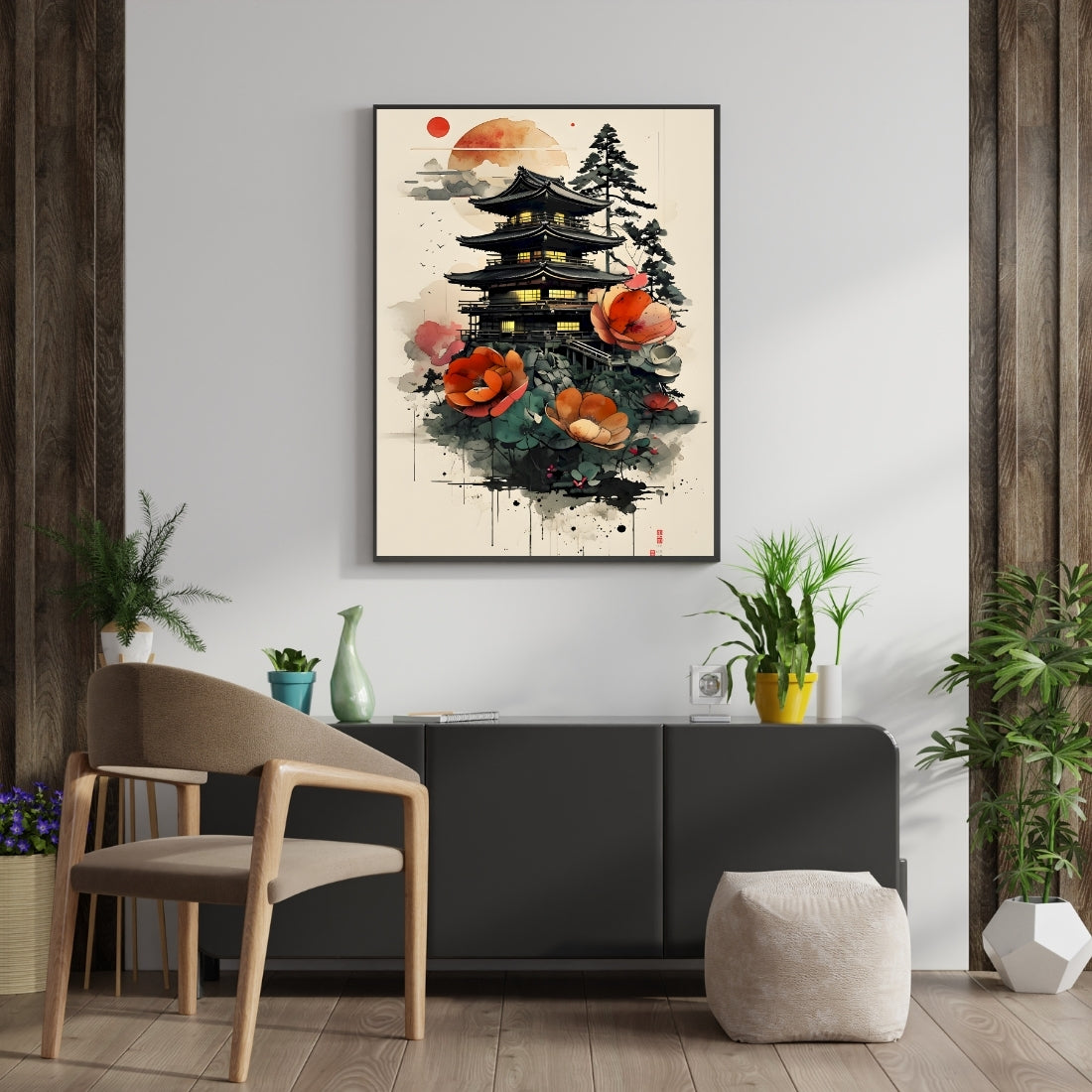 Triverta Floral Pagoda Premium Gift Painting Wall Art for Home Decor | 18x24 Inch Modern Art Digital Poster Print