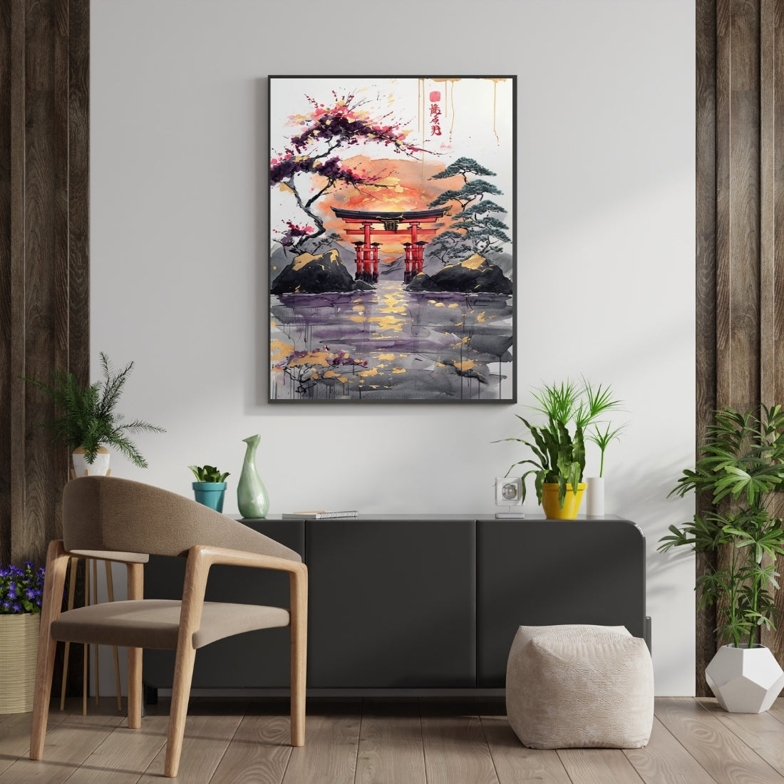 Triverta Sunset Torii Tranquility Premium Gift Painting Wall Art for Home Decor | 18x24 Inch Modern Art Digital Poster Print