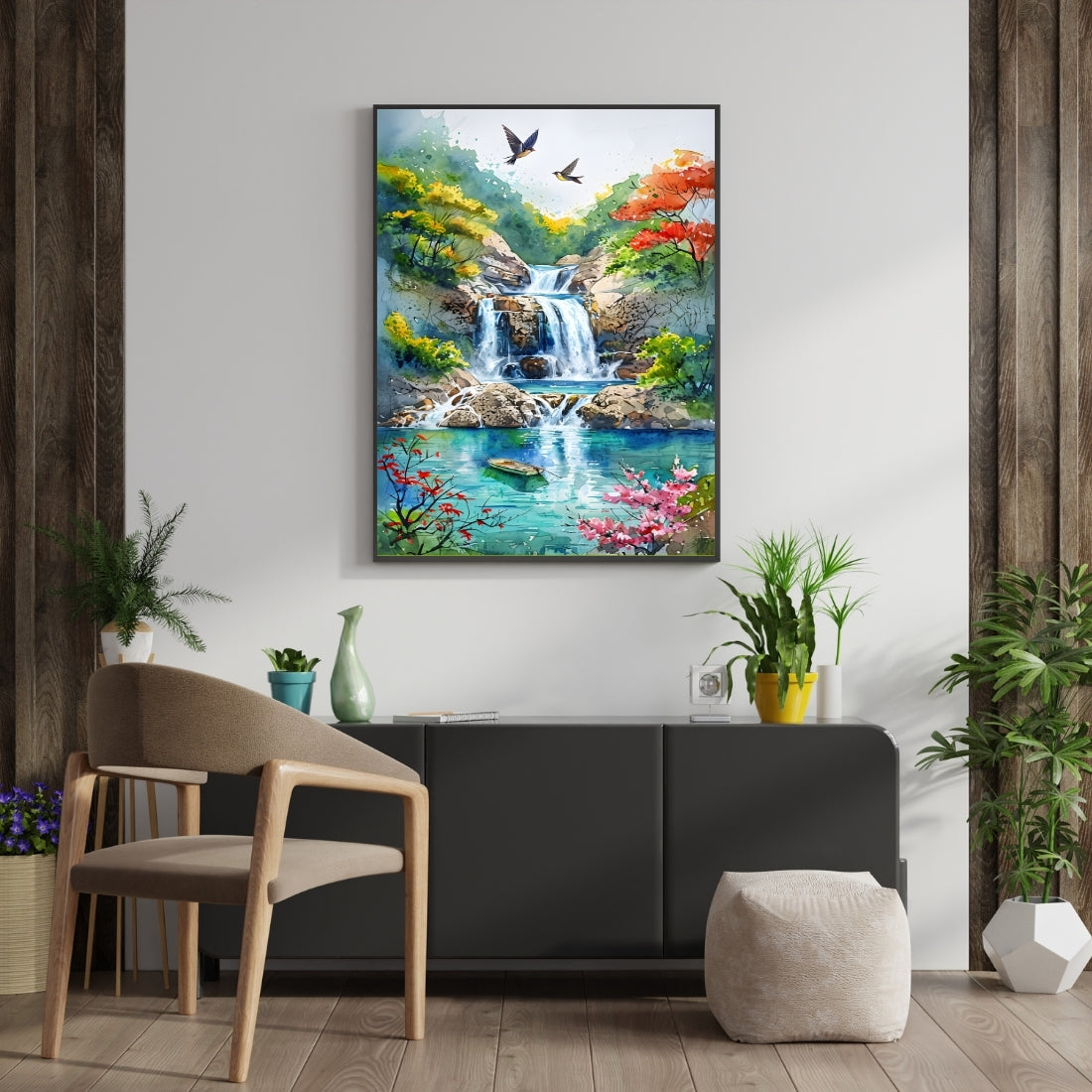 Triverta Tranquil Falls Garden Premium Gift Painting Wall Art for Home Decor | 18x24 Inch Modern Art Digital Poster Print