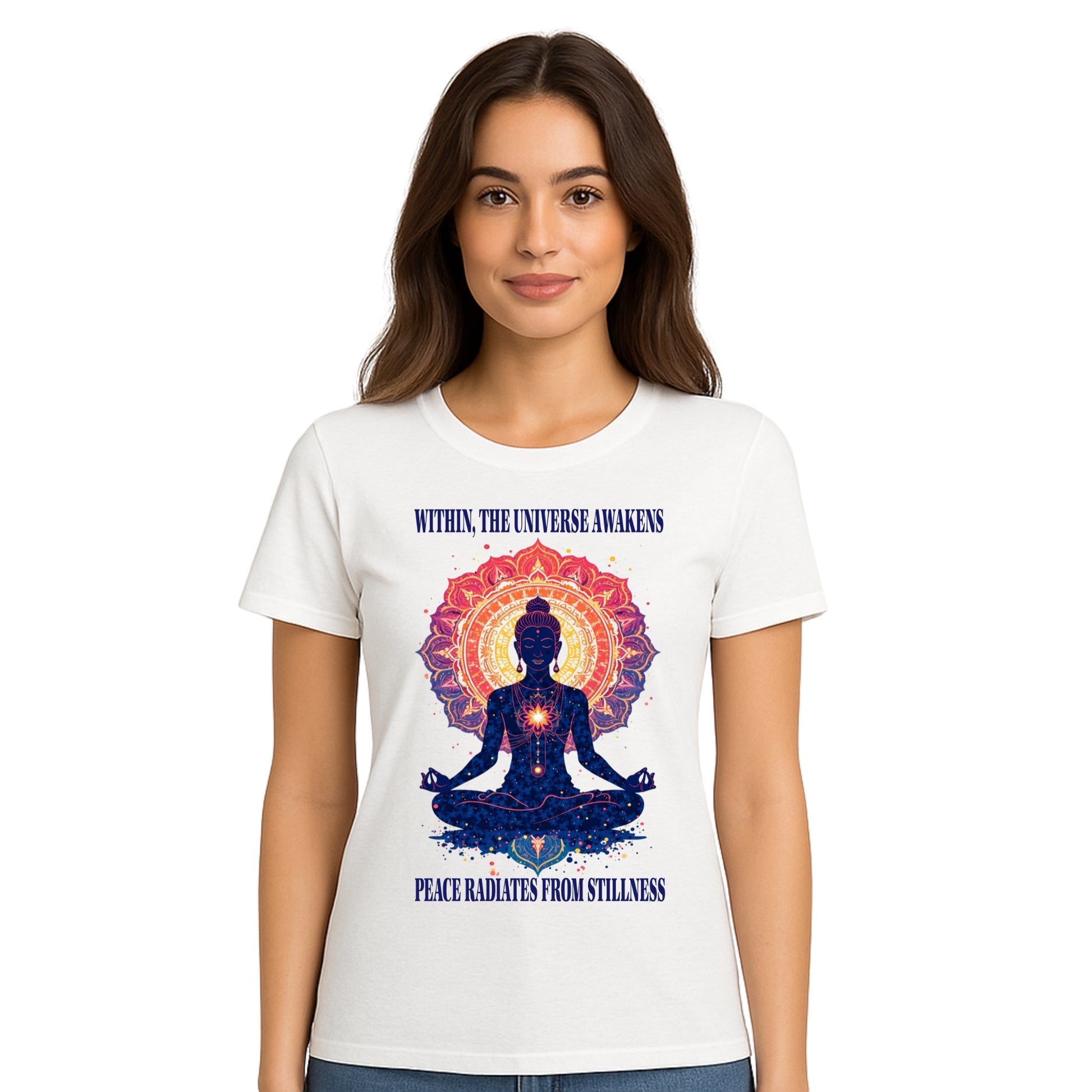 Female model wearing T-shirt