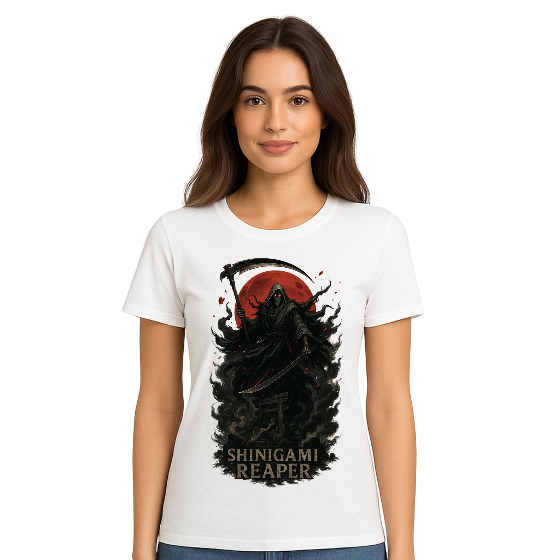 Female model wearing T-shirt