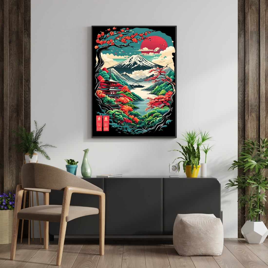 Triverta Crimson Fuji Serenity Premium Gift Painting Wall Art for Home Decor | 18x24 Inch Modern Art Digital Poster Print