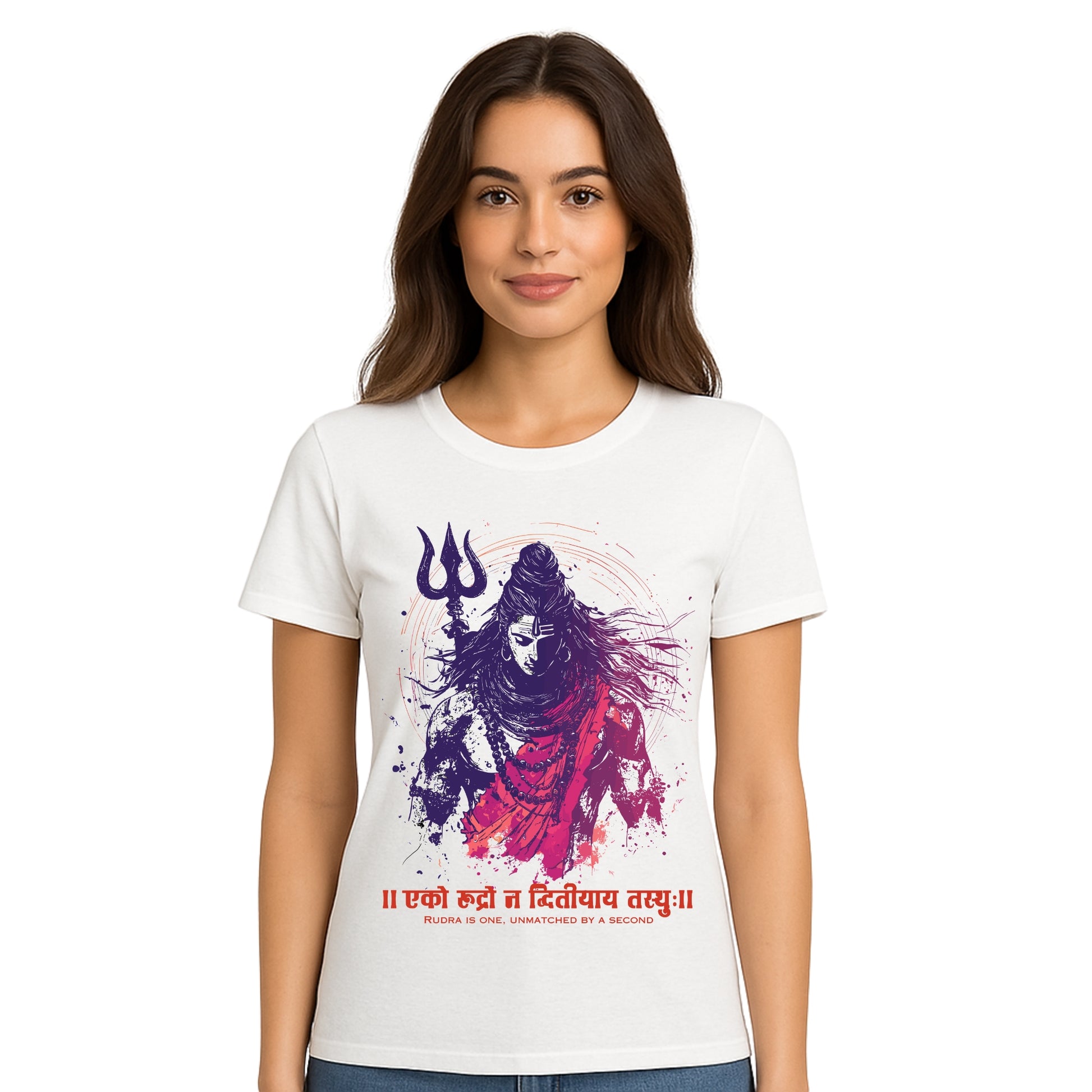 Female model wearing T-shirt