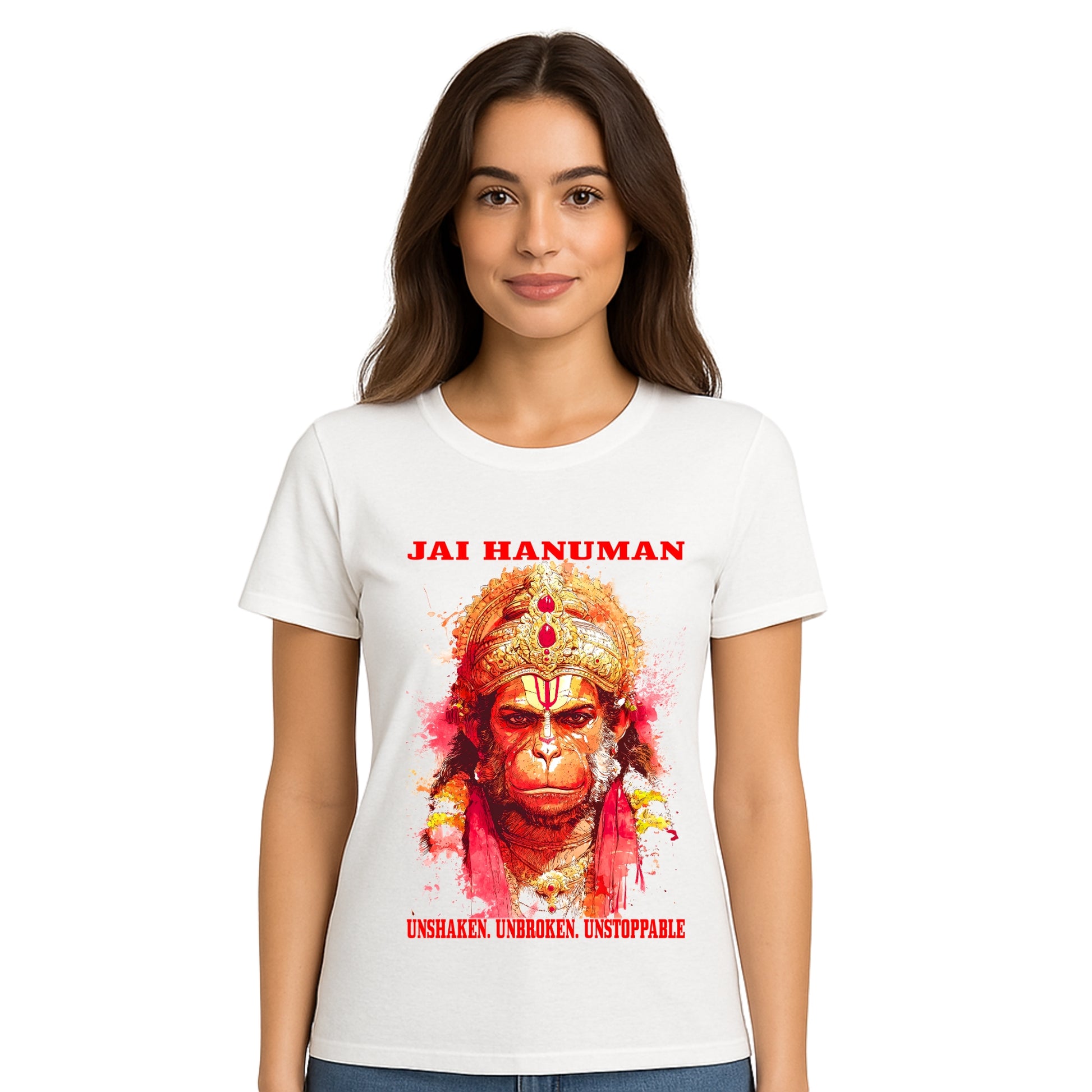 Female model wearing T-shirt