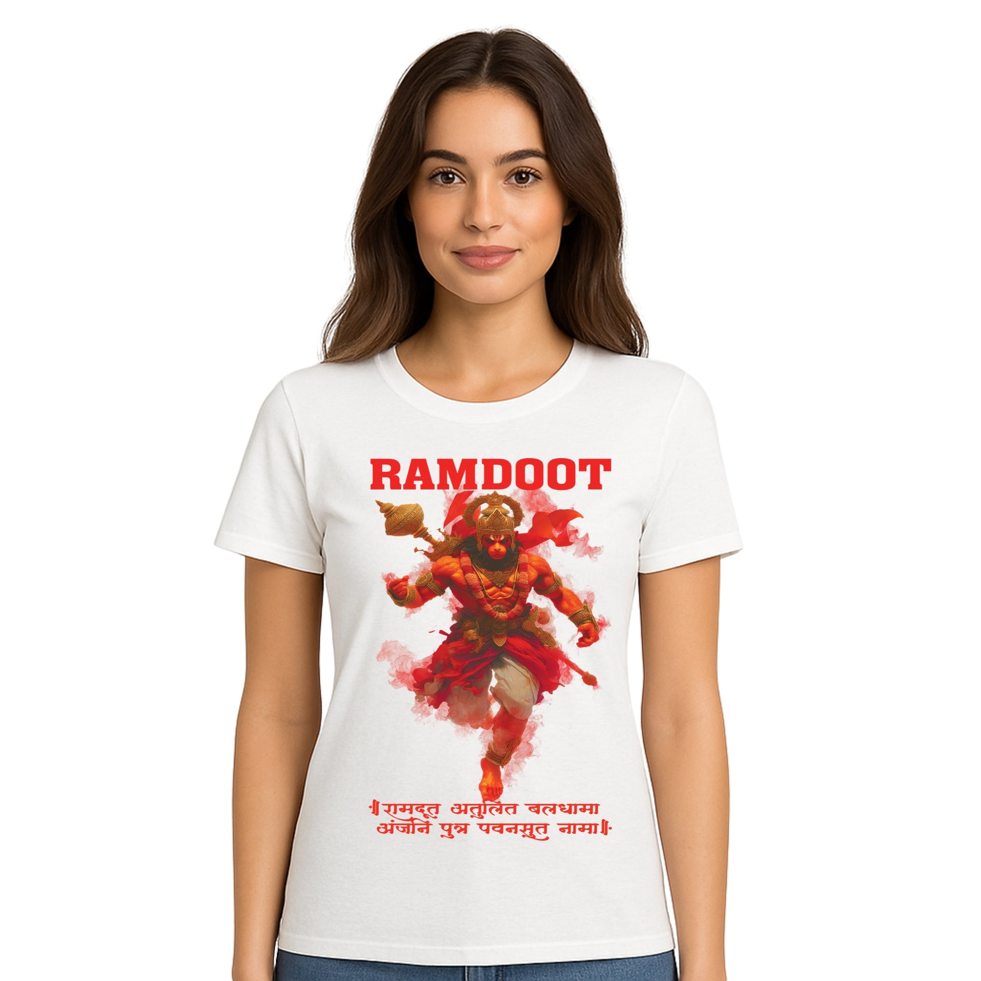 Female model wearing T-shirt